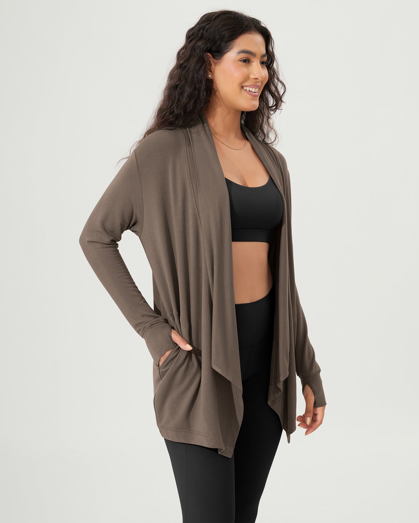 Drape Open Front Cozy Soft Cardigans Outerwear with Pockets Thumb Hole - ododos