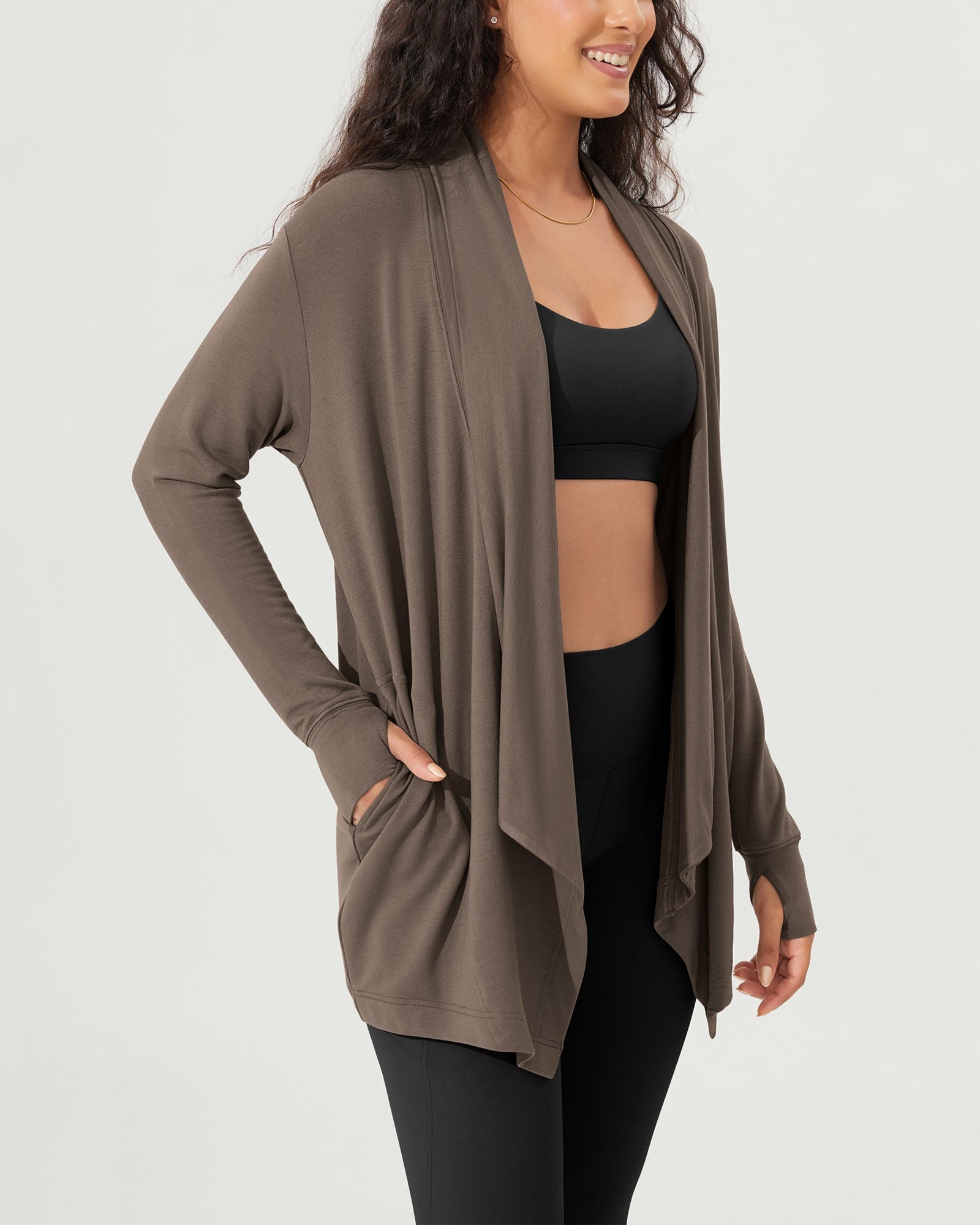 Drape Open Front Cozy Soft Cardigans Outerwear with Pockets Thumb Hole - ododos