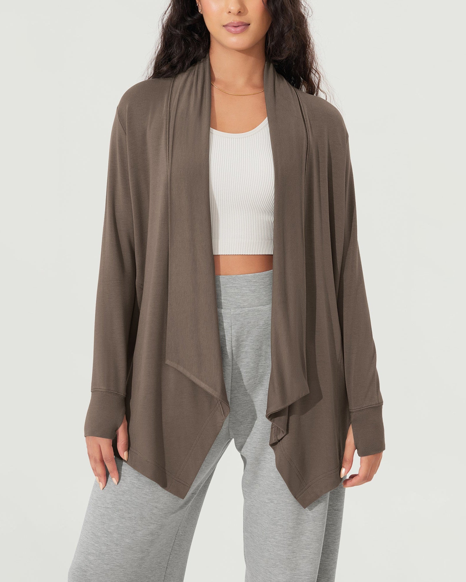 Drape Open Front Cozy Soft Cardigans Outerwear with Pockets Thumb Hole - ododos