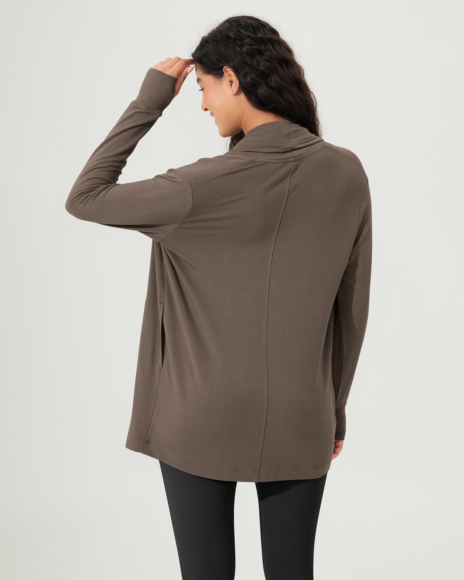 Drape Open Front Cozy Soft Cardigans Outerwear with Pockets Thumb Hole - ododos