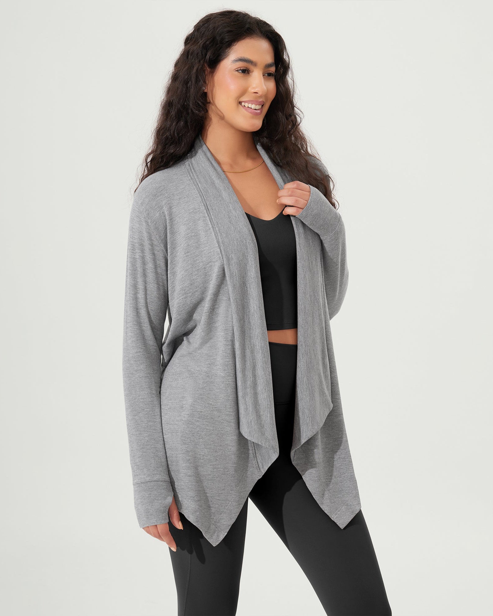 Drape Open Front Cozy Soft Cardigans Outerwear with Pockets Thumb Hole - ododos
