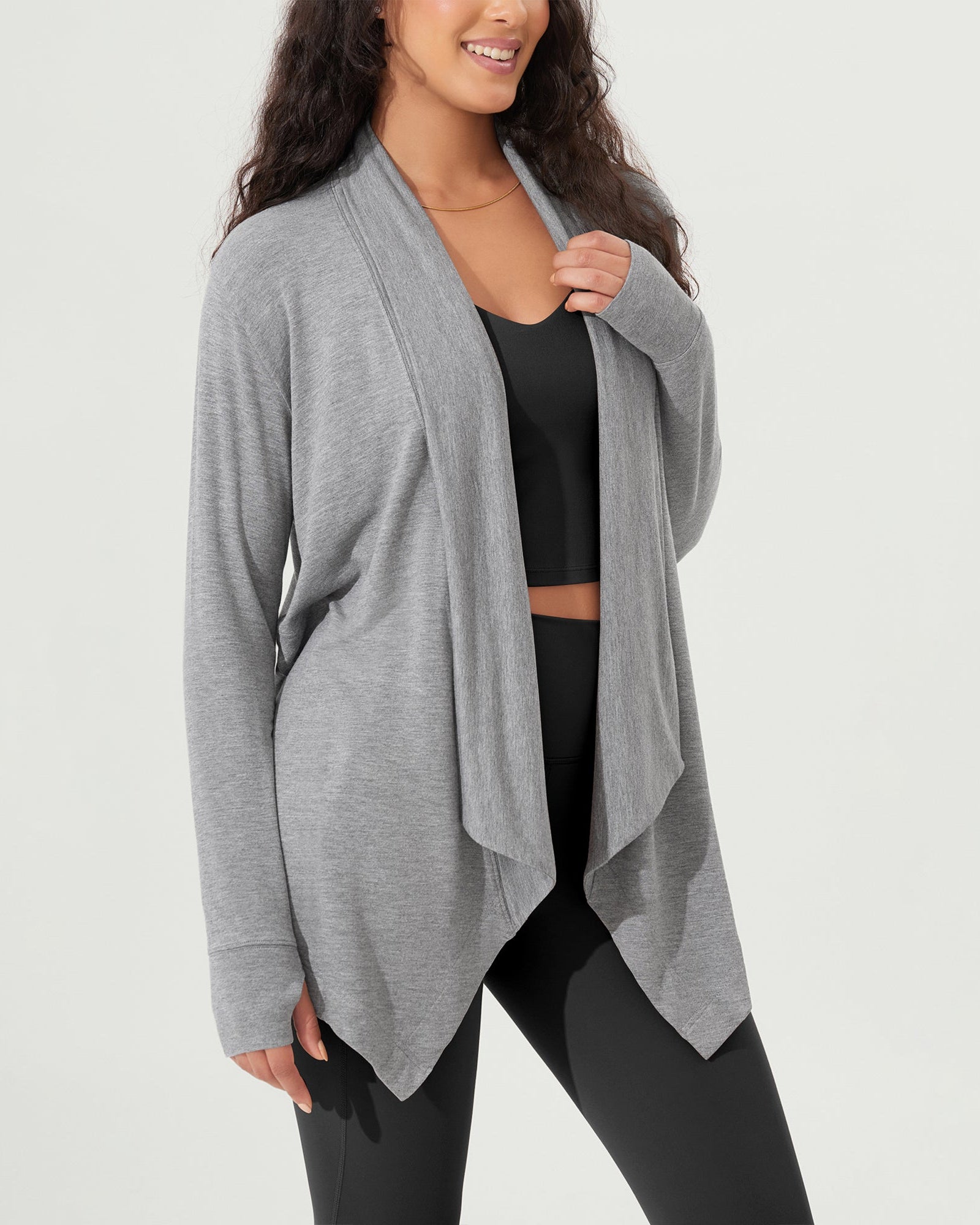 Drape Open Front Cozy Soft Cardigans Outerwear with Pockets Thumb Hole - ododos