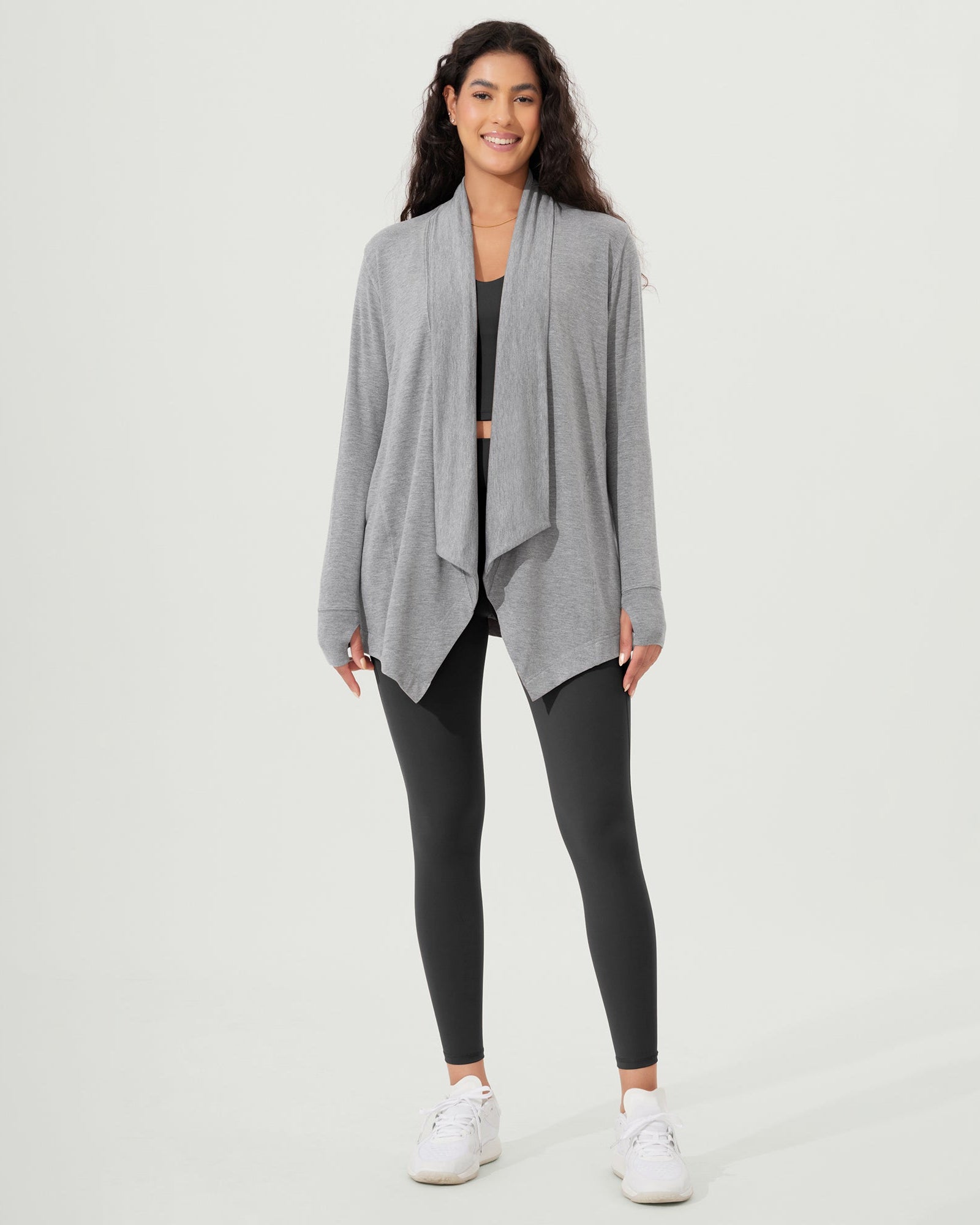 Drape Open Front Cozy Soft Cardigans Outerwear with Pockets Thumb Hole - ododos