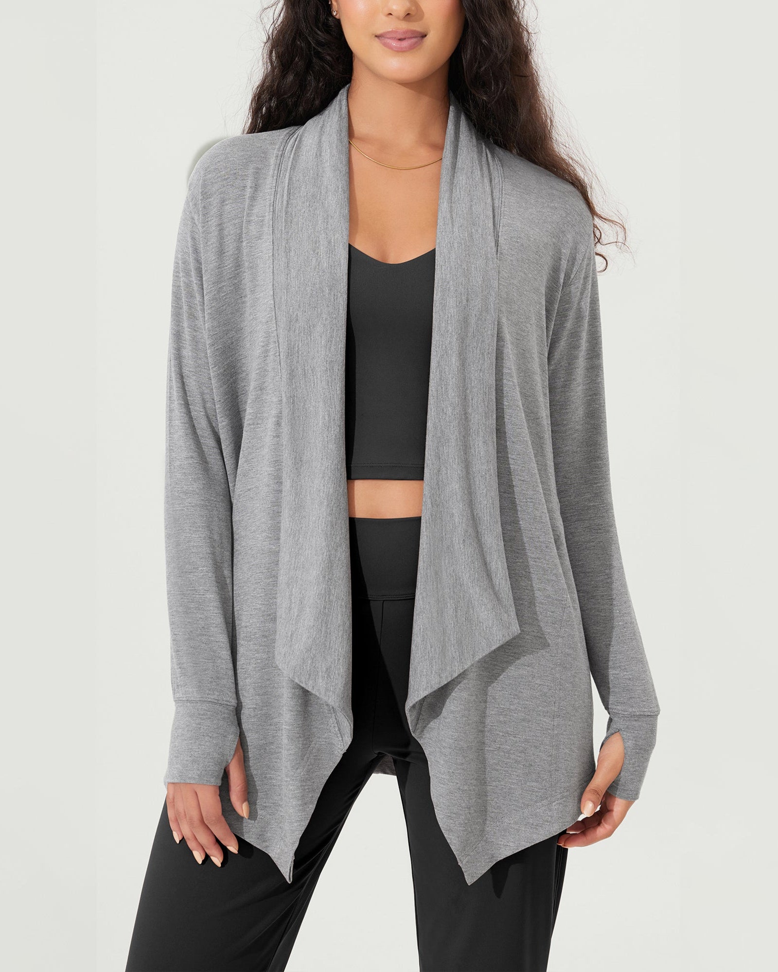 Drape Open Front Cozy Soft Cardigans Outerwear with Pockets Thumb Hole - ododos