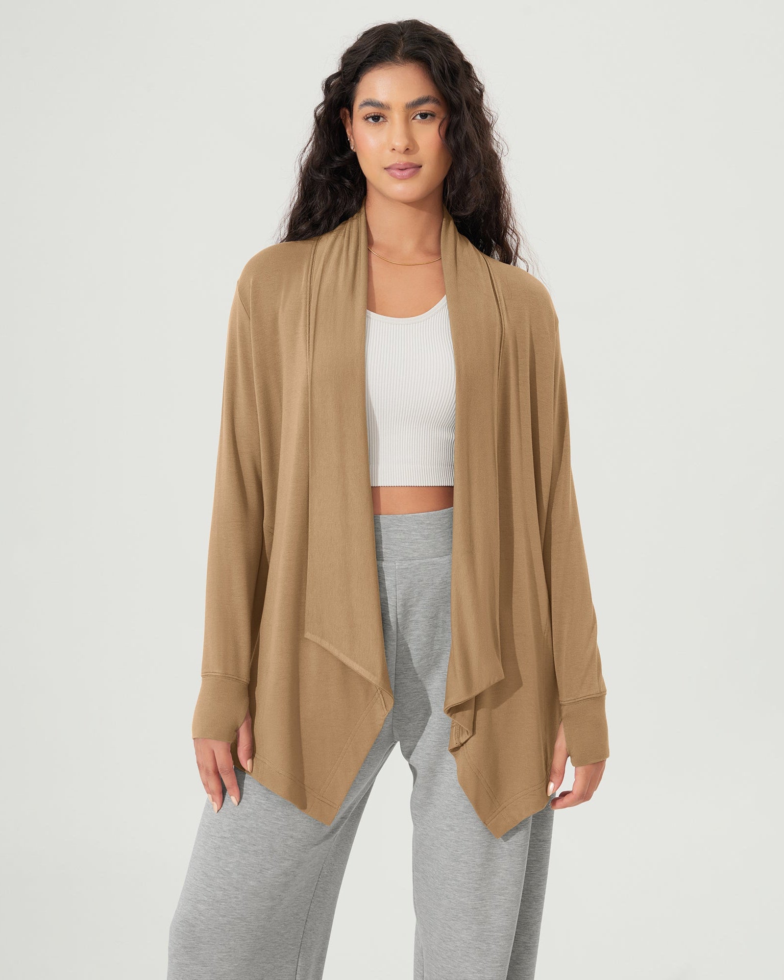 Drape Open Front Cozy Soft Cardigans Outerwear with Pockets Thumb Hole Mustard Gold - ododos