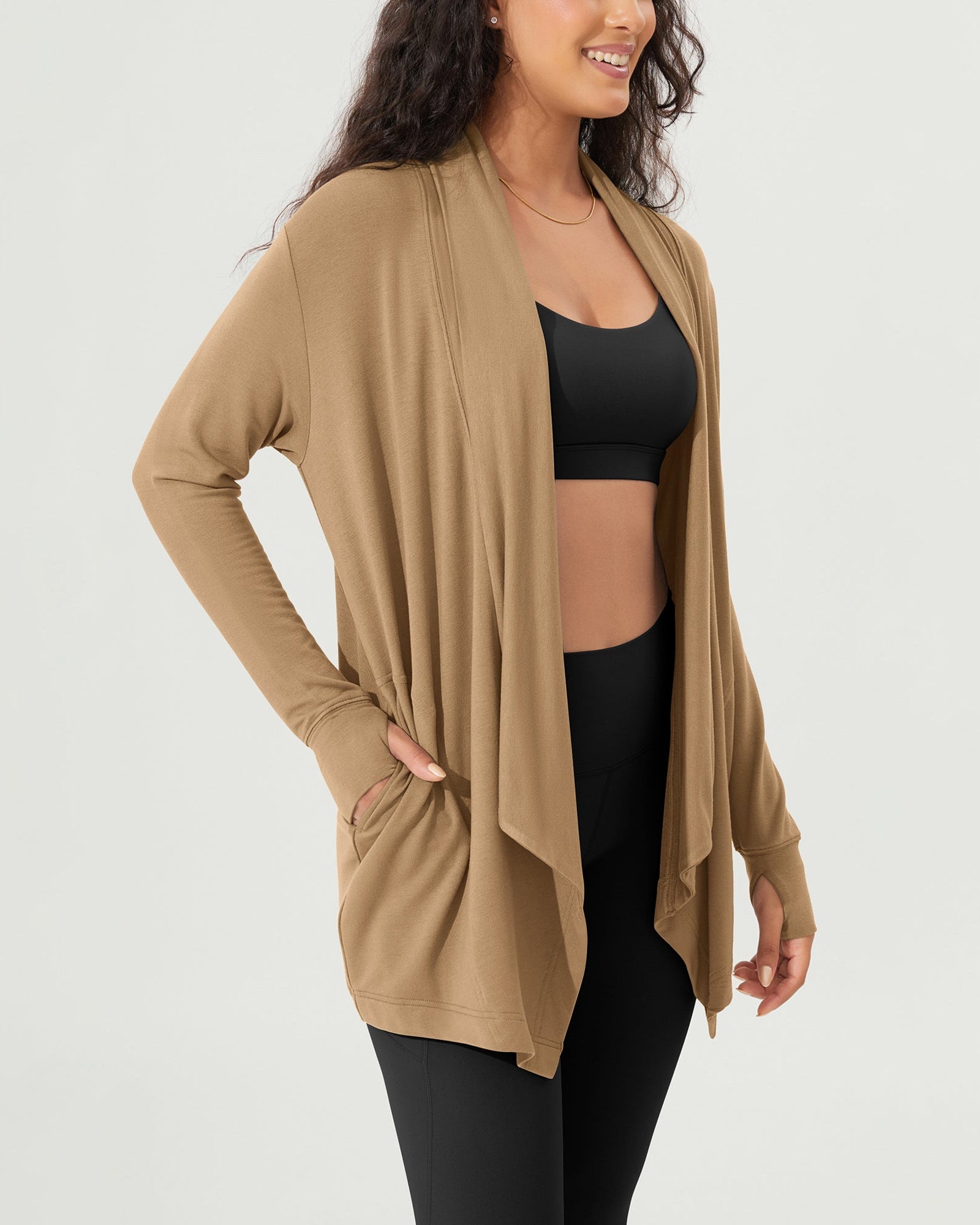 Drape Open Front Cozy Soft Cardigans Outerwear with Pockets Thumb Hole - ododos