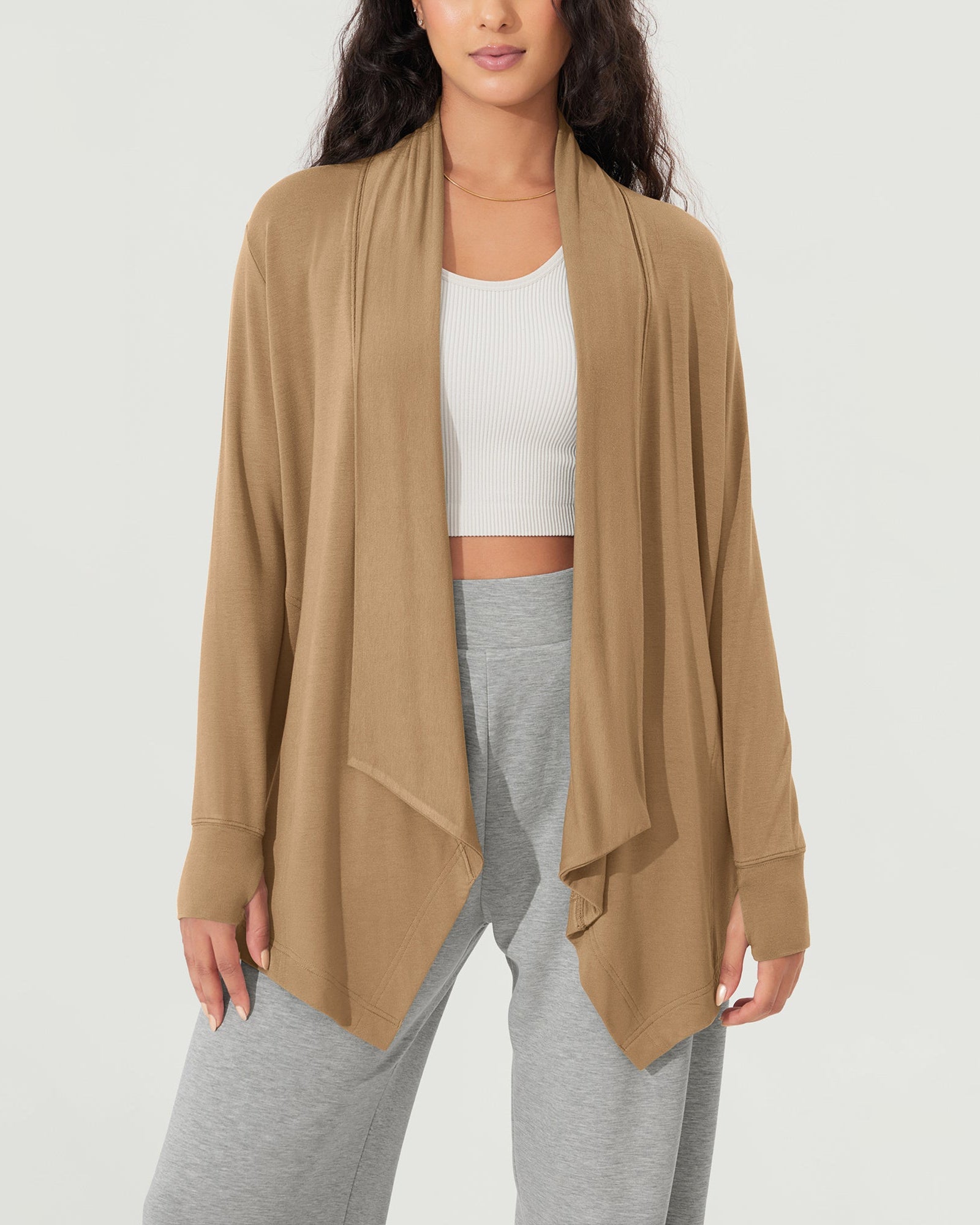 Drape Open Front Cozy Soft Cardigans Outerwear with Pockets Thumb Hole - ododos