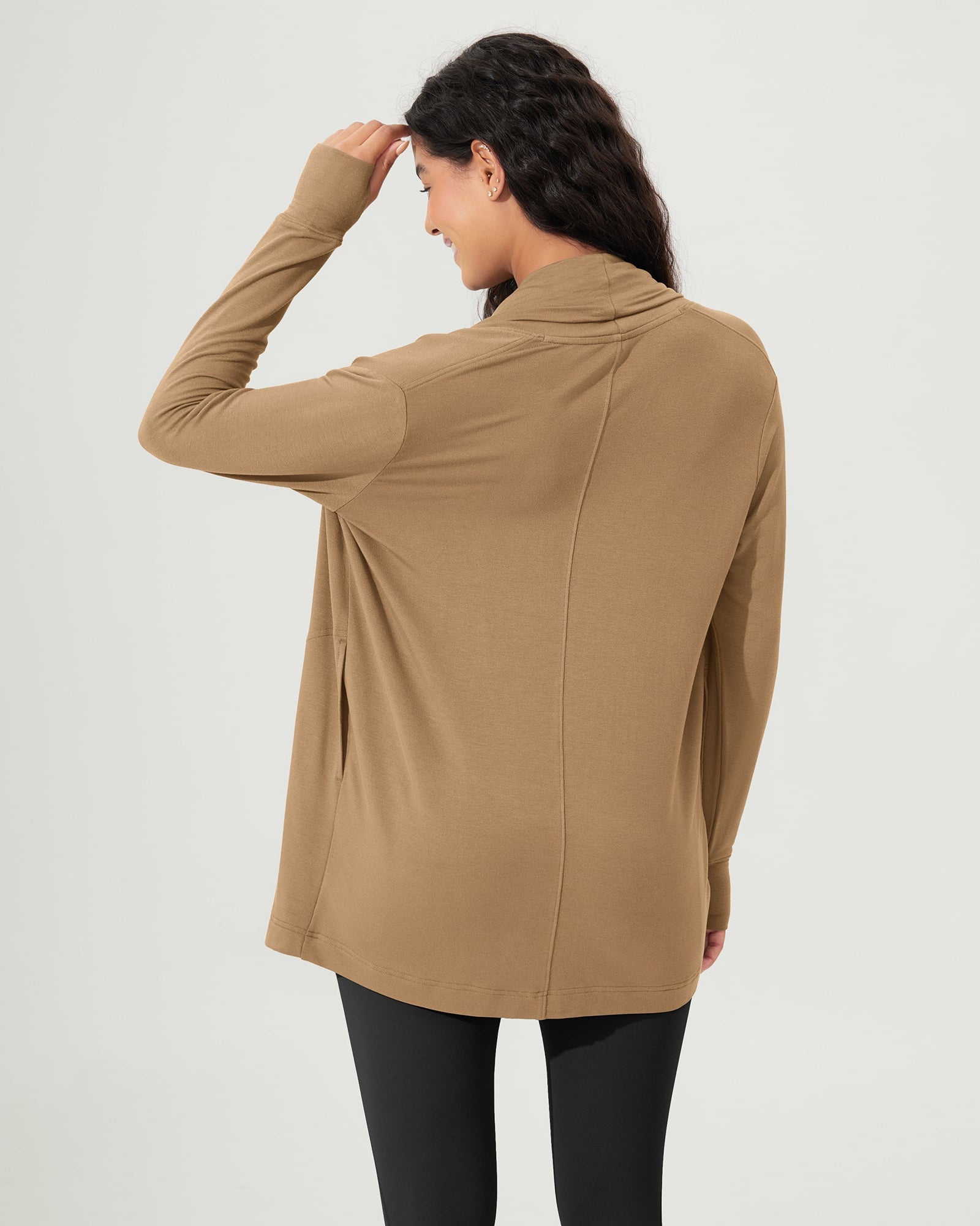 Drape Open Front Cozy Soft Cardigans Outerwear with Pockets Thumb Hole - ododos