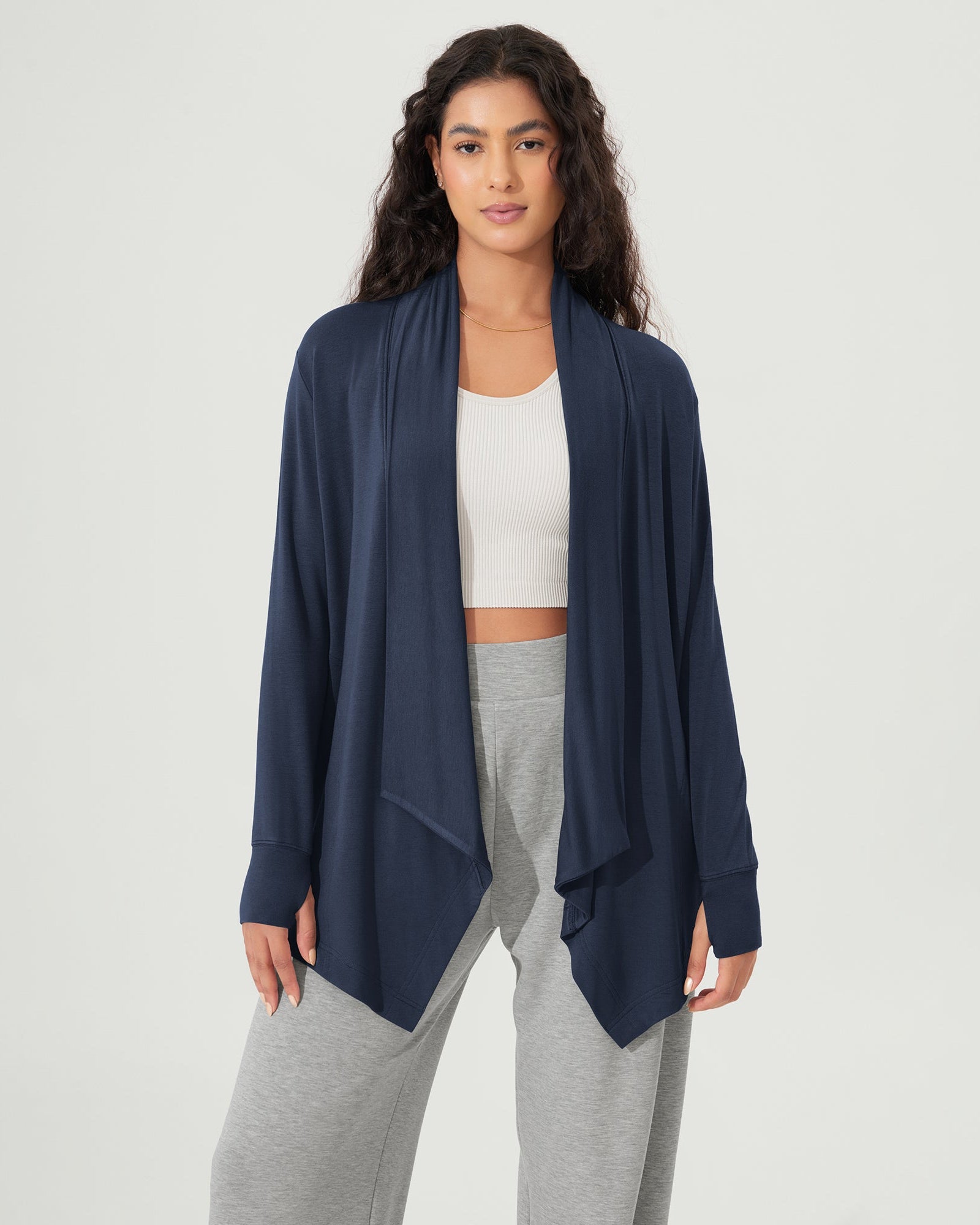 Drape Open Front Cozy Soft Cardigans Outerwear with Pockets Thumb Hole Navy - ododos