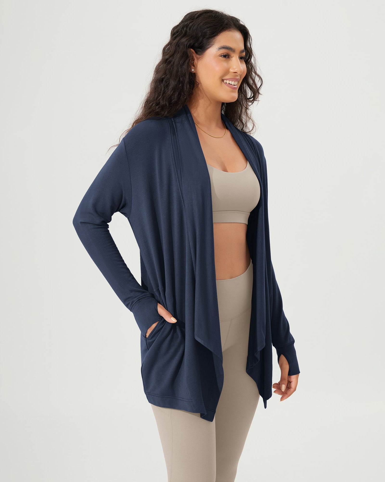 Drape Open Front Cozy Soft Cardigans Outerwear with Pockets Thumb Hole - ododos