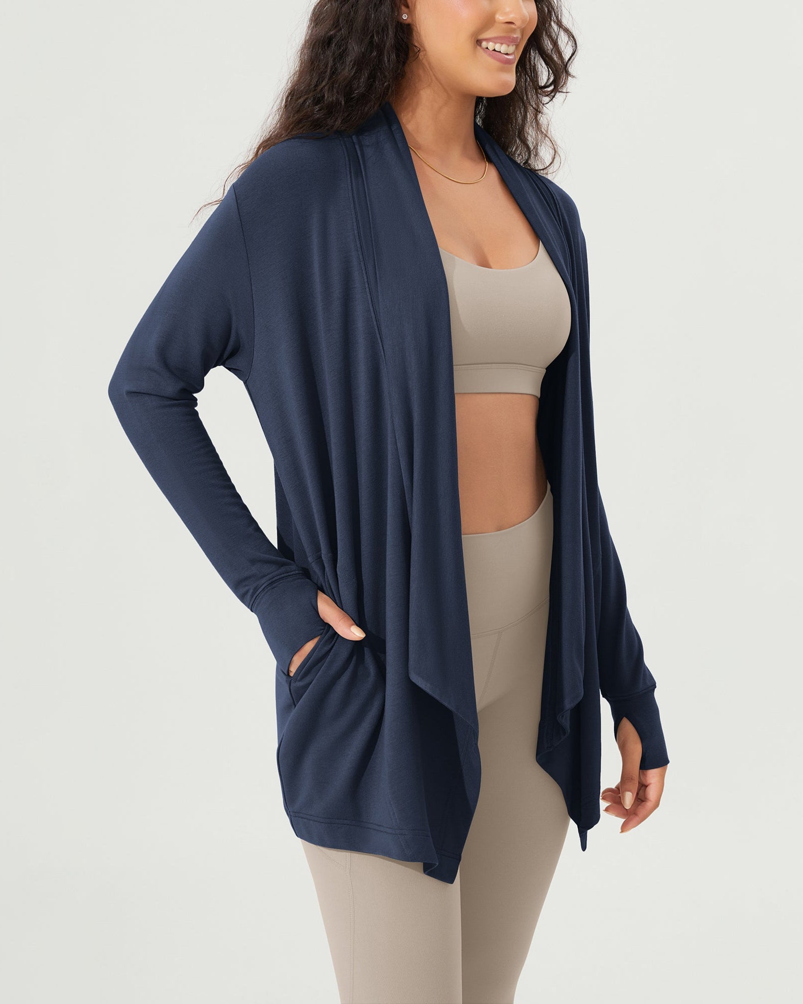 Drape Open Front Cozy Soft Cardigans Outerwear with Pockets Thumb Hole - ododos
