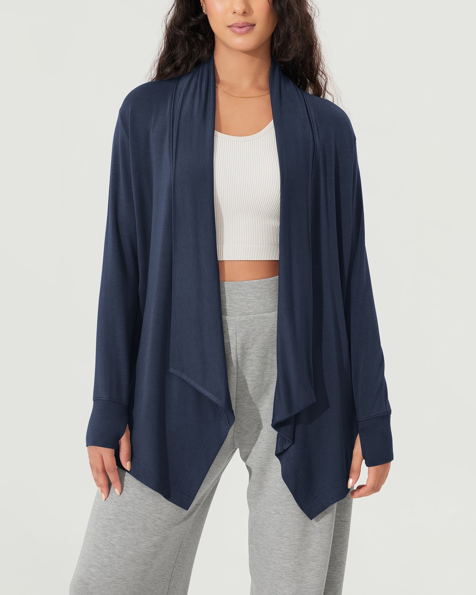 Drape Open Front Cozy Soft Cardigans Outerwear with Pockets Thumb Hole - ododos