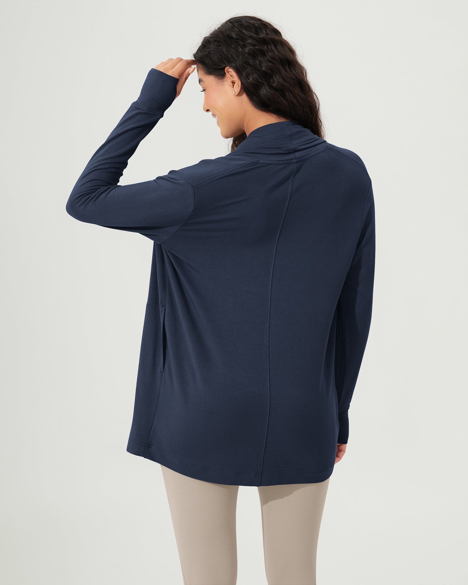 Drape Open Front Cozy Soft Cardigans Outerwear with Pockets Thumb Hole - ododos
