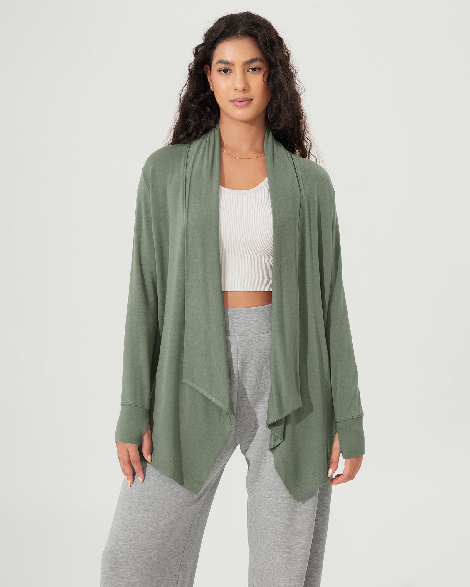 Drape Open Front Cozy Soft Cardigans Outerwear with Pockets Thumb Hole Oil Green - ododos