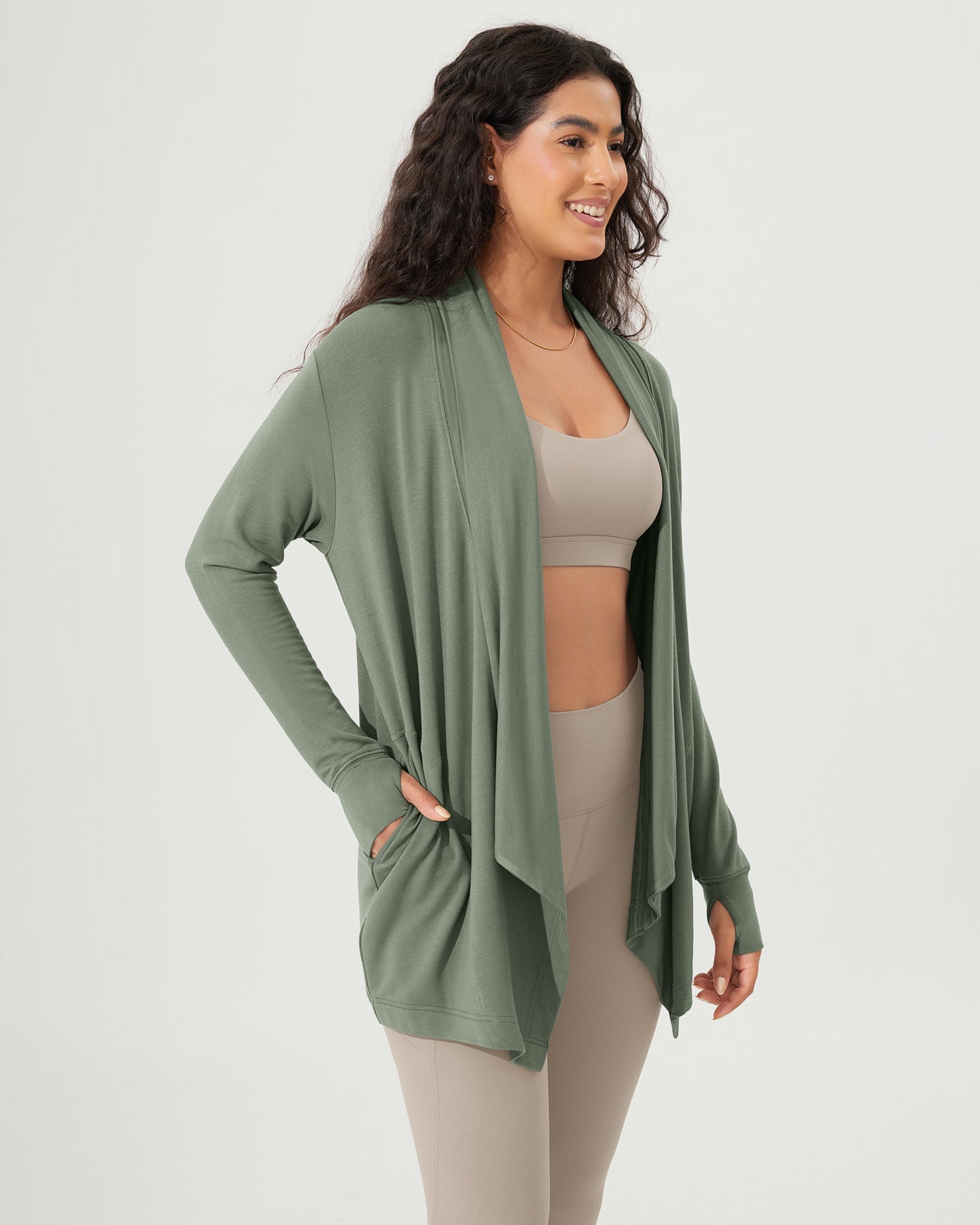 Drape Open Front Cozy Soft Cardigans Outerwear with Pockets Thumb Hole - ododos