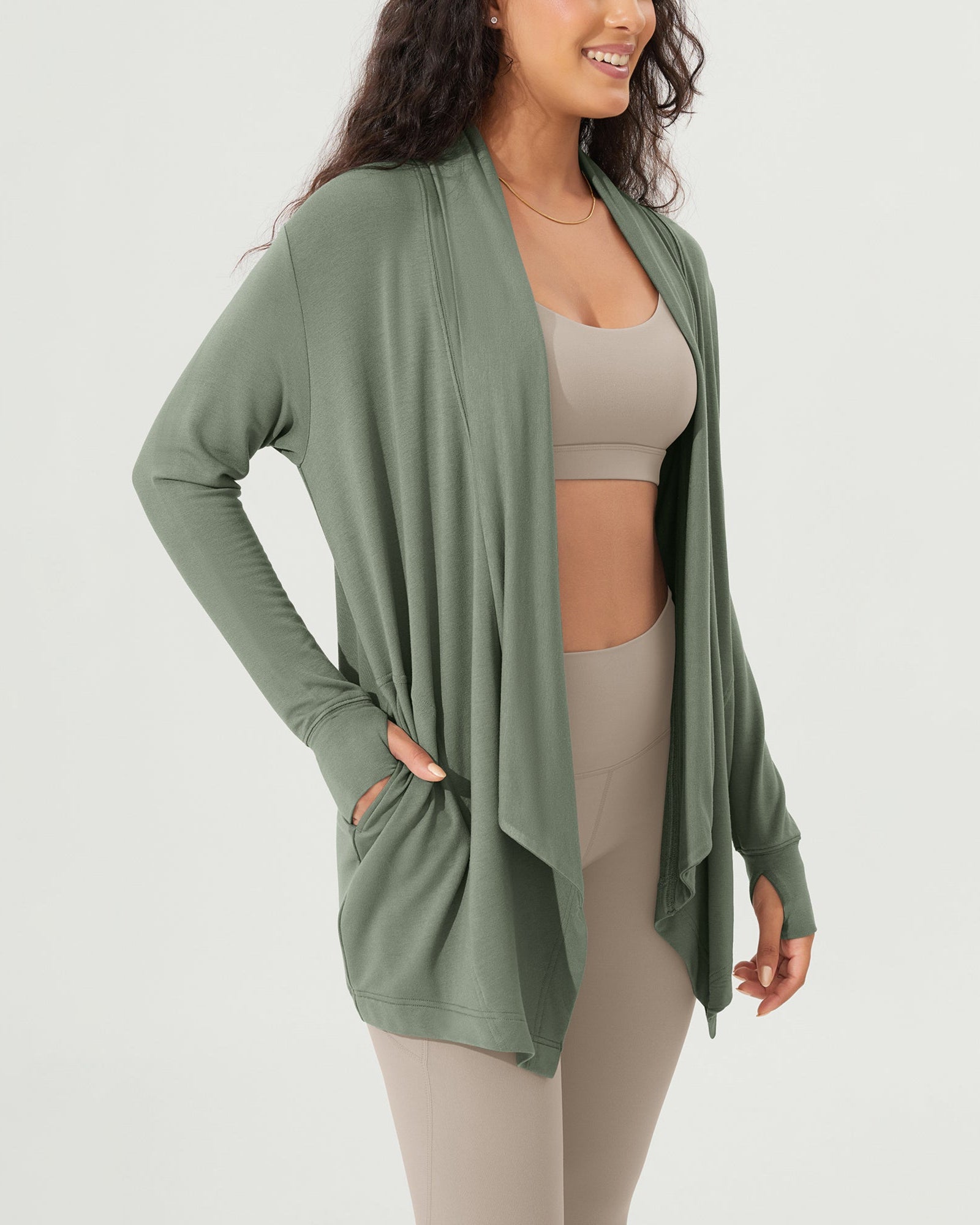 Drape Open Front Cozy Soft Cardigans Outerwear with Pockets Thumb Hole - ododos