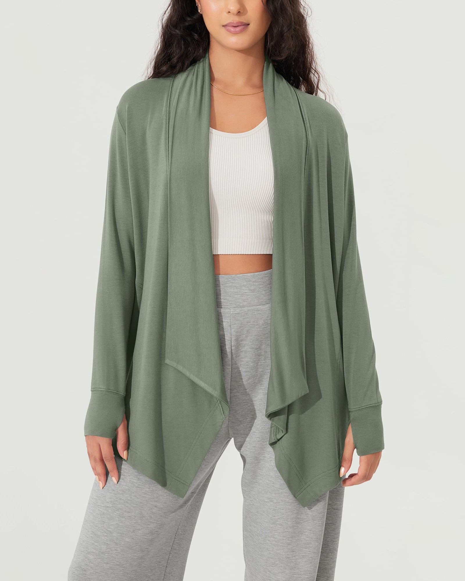 Drape Open Front Cozy Soft Cardigans Outerwear with Pockets Thumb Hole - ododos