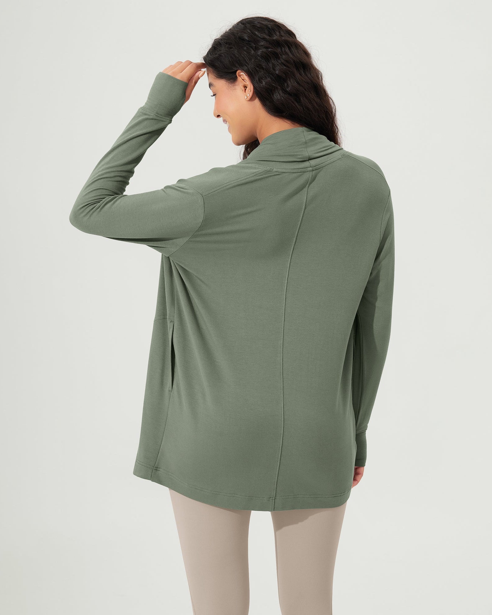 Drape Open Front Cozy Soft Cardigans Outerwear with Pockets Thumb Hole - ododos