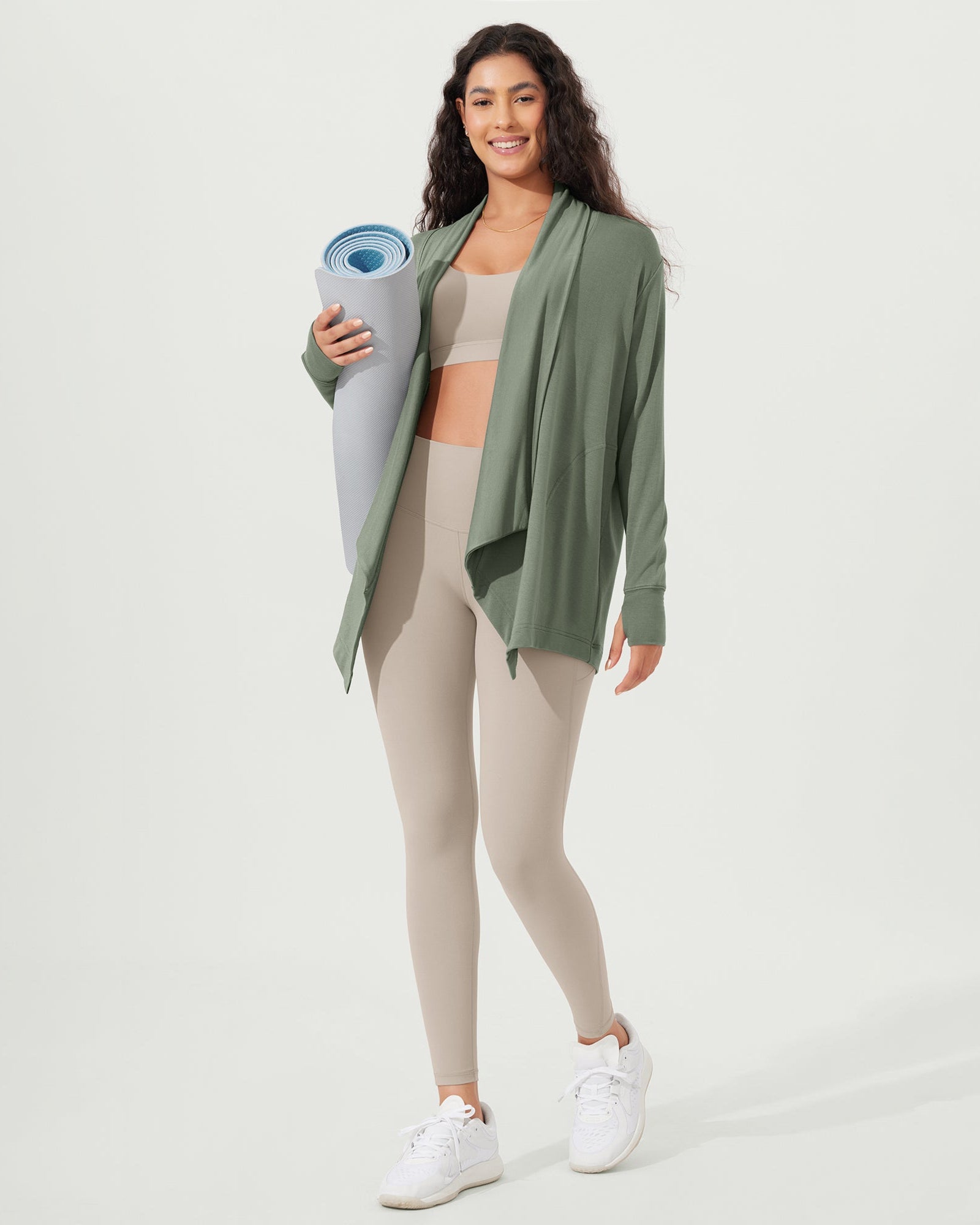 Drape Open Front Cozy Soft Cardigans Outerwear with Pockets Thumb Hole - ododos