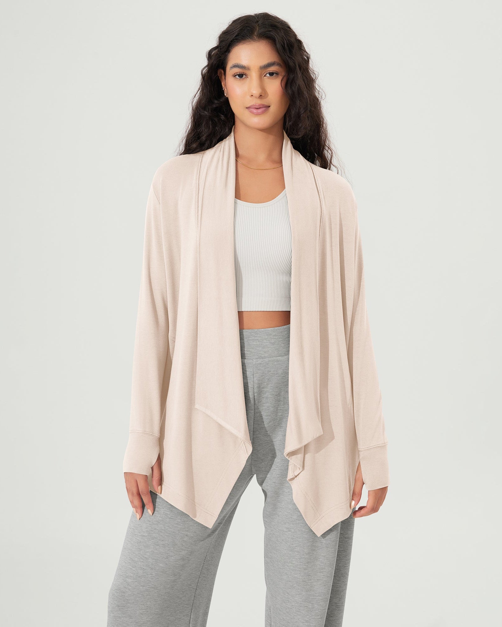 Drape Open Front Cozy Soft Cardigans Outerwear with Pockets Thumb Hole Vanilla Ice - ododos