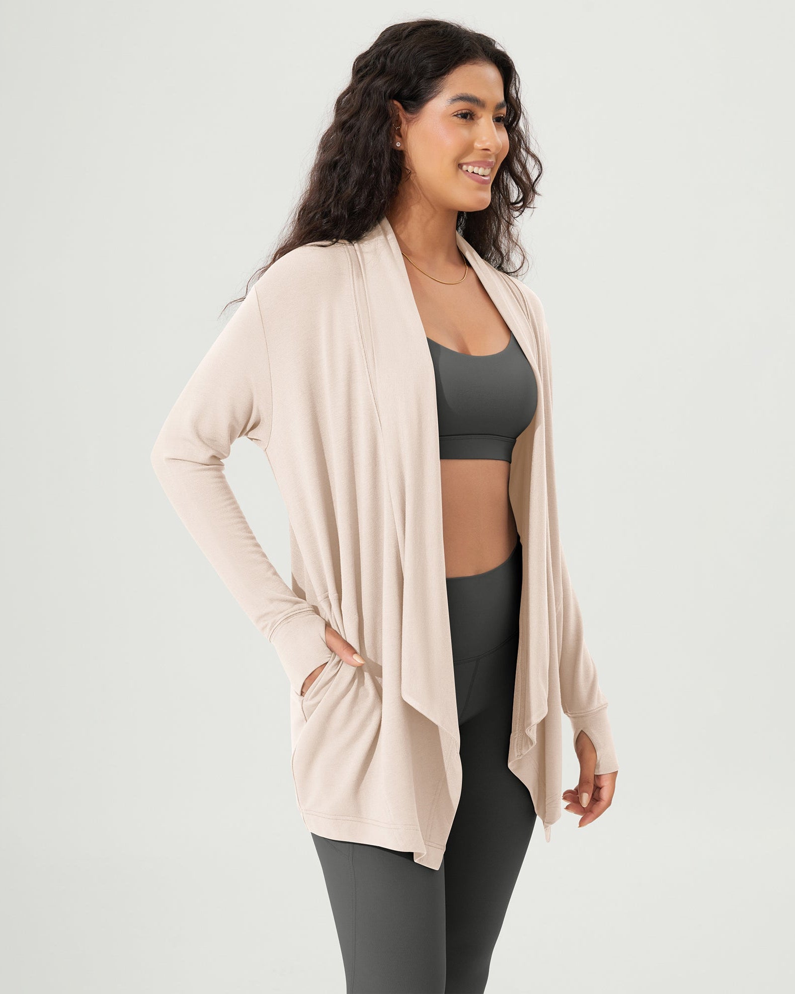 Drape Open Front Cozy Soft Cardigans Outerwear with Pockets Thumb Hole - ododos