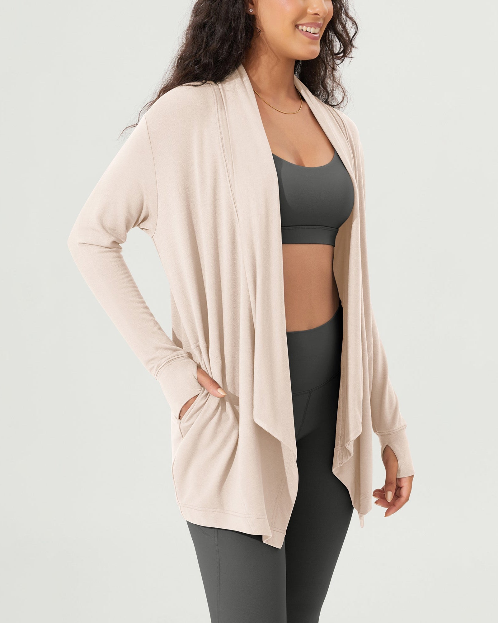 Drape Open Front Cozy Soft Cardigans Outerwear with Pockets Thumb Hole - ododos