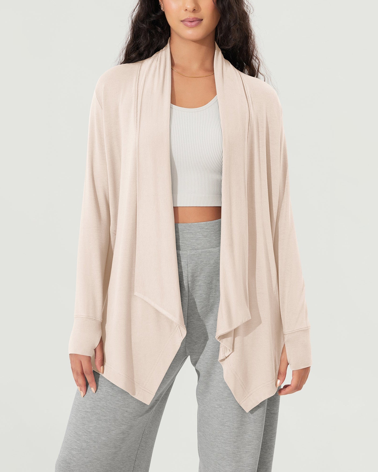 Drape Open Front Cozy Soft Cardigans Outerwear with Pockets Thumb Hole - ododos
