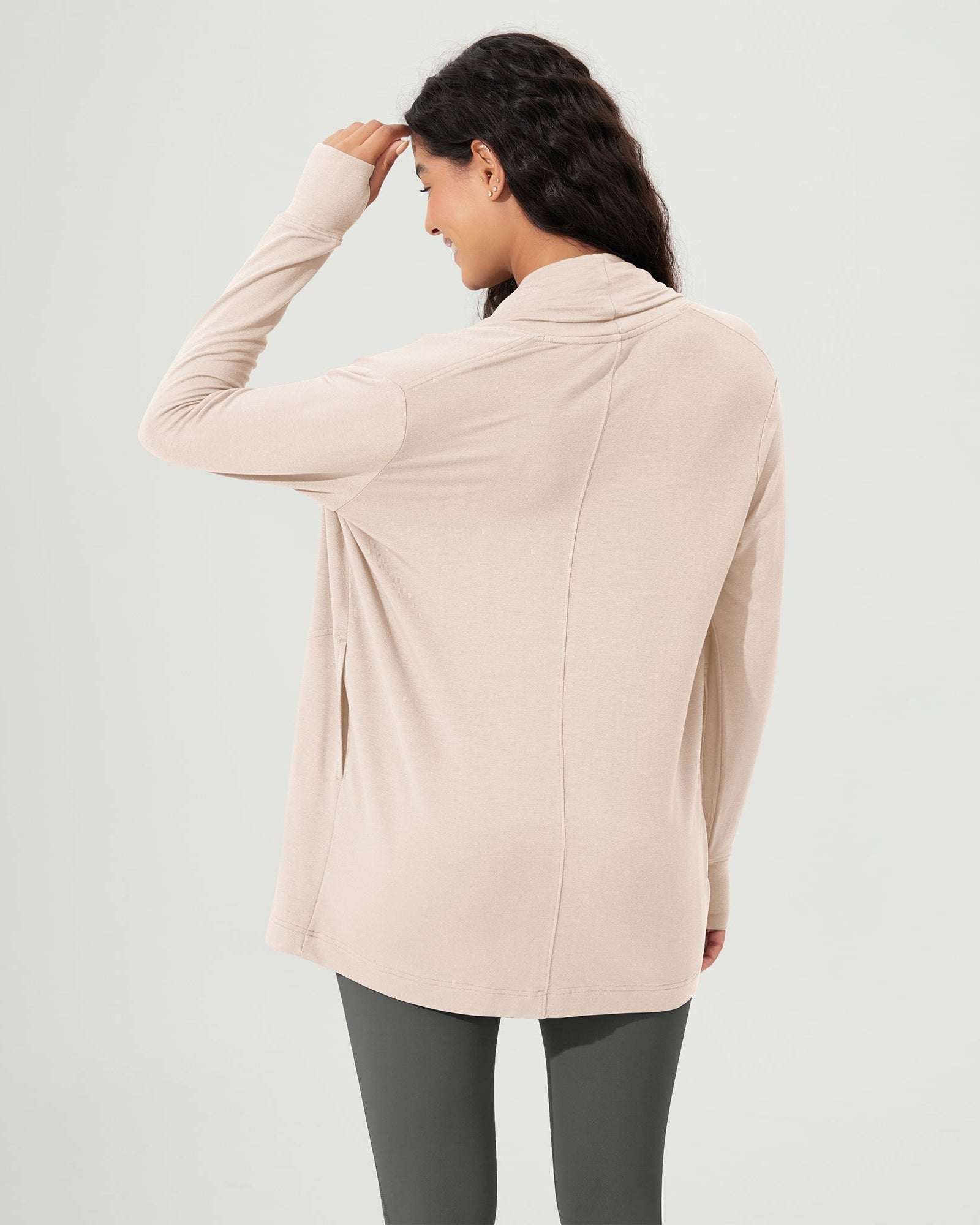 Drape Open Front Cozy Soft Cardigans Outerwear with Pockets Thumb Hole - ododos