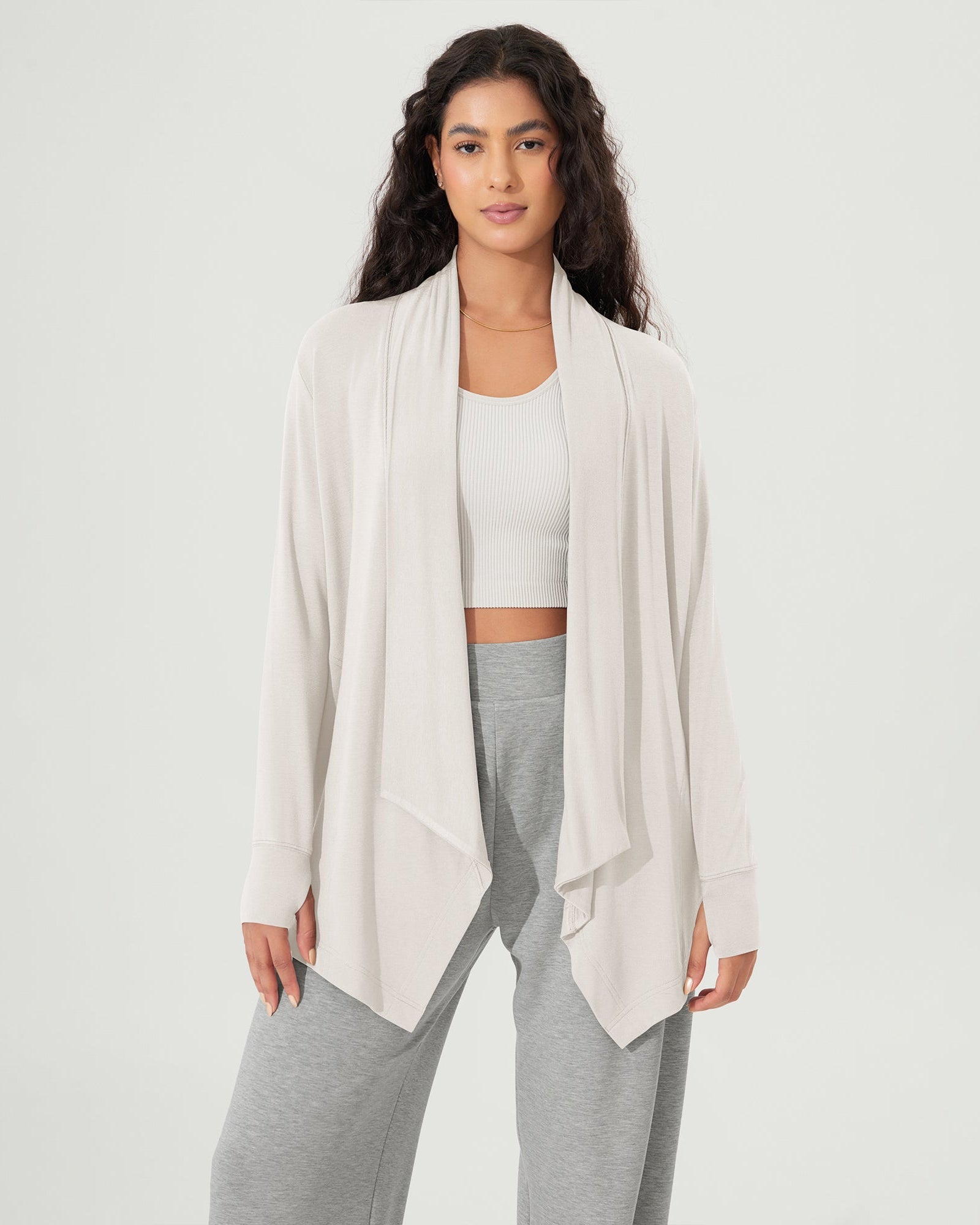 Drape Open Front Cozy Soft Cardigans Outerwear with Pockets Thumb Hole White - ododos