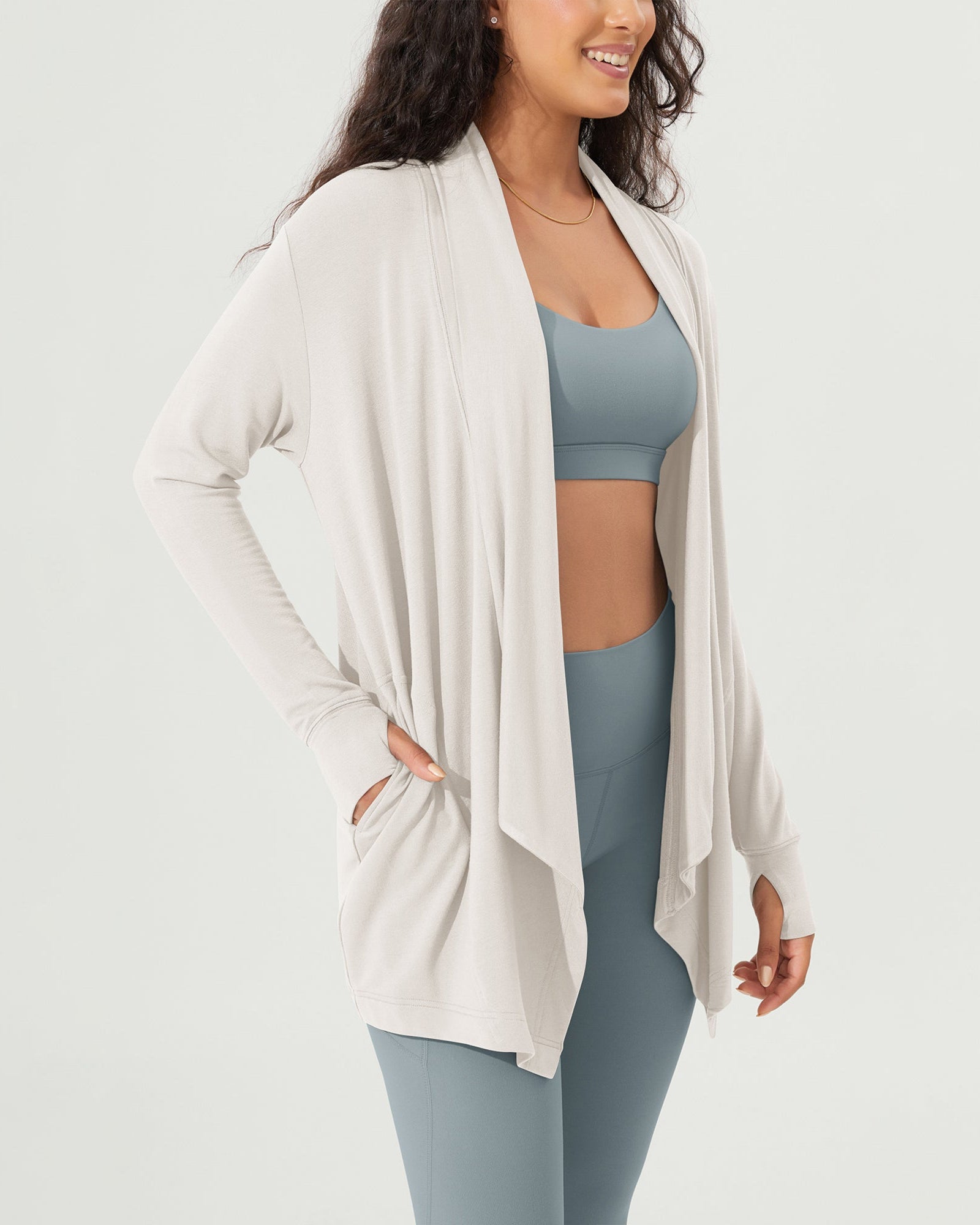 Drape Open Front Cozy Soft Cardigans Outerwear with Pockets Thumb Hole - ododos