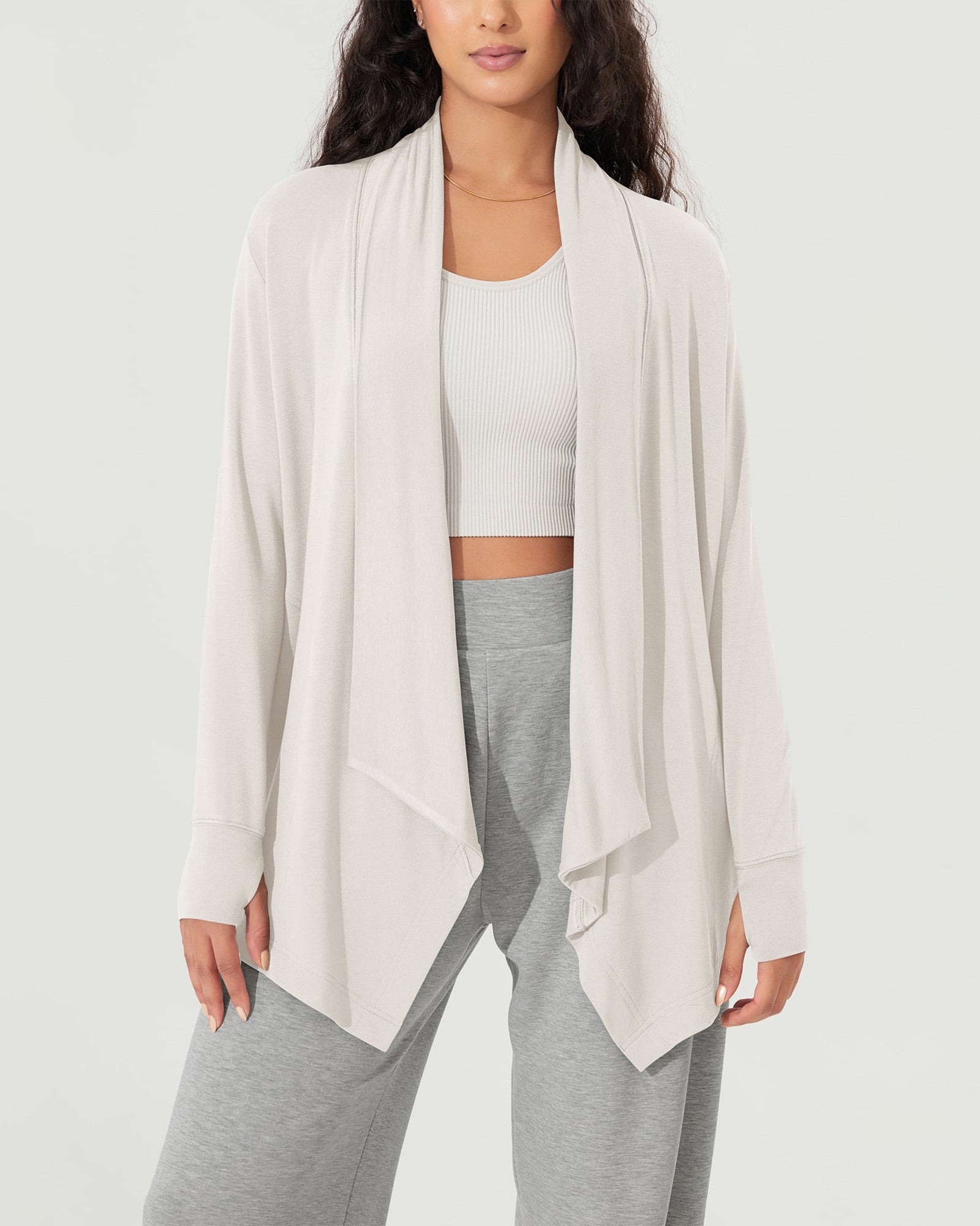 Drape Open Front Cozy Soft Cardigans Outerwear with Pockets Thumb Hole - ododos