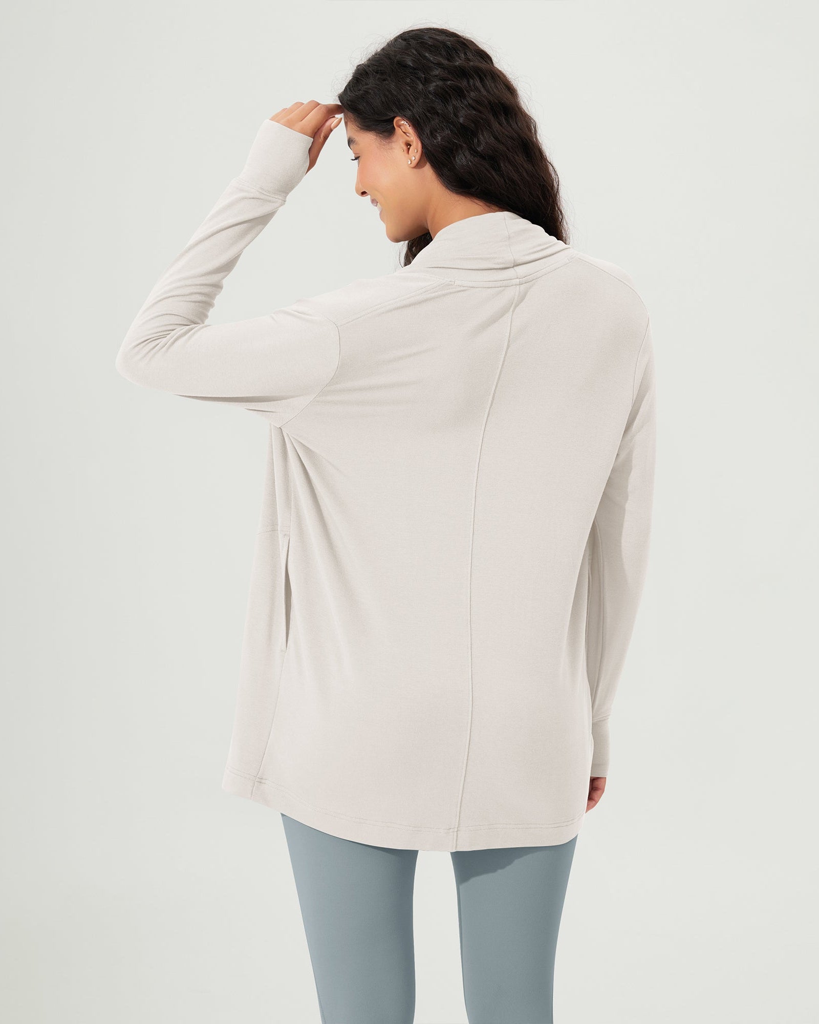 Drape Open Front Cozy Soft Cardigans Outerwear with Pockets Thumb Hole - ododos