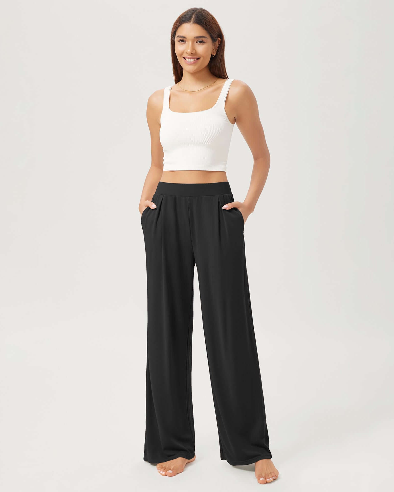 29 Drapey Soft WideHigh Waist Lounge Pants with Pockets Black - ododos
