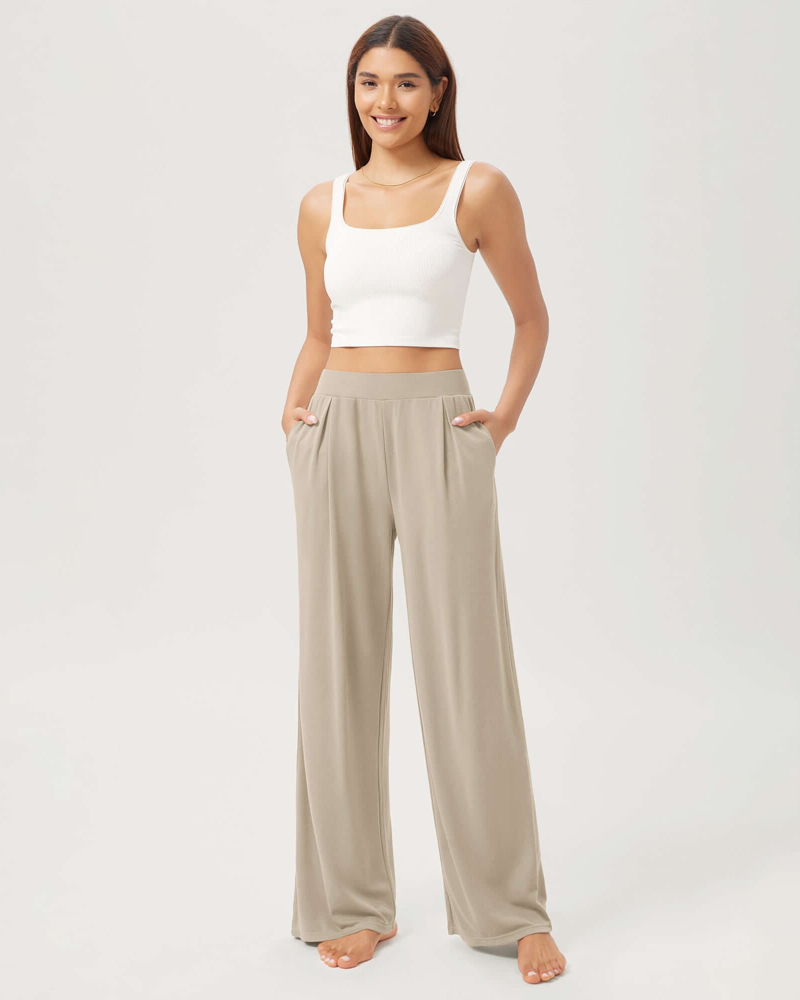 29 Drapey Soft WideHigh Waist Lounge Pants with Pockets Gray Apricot - ododos