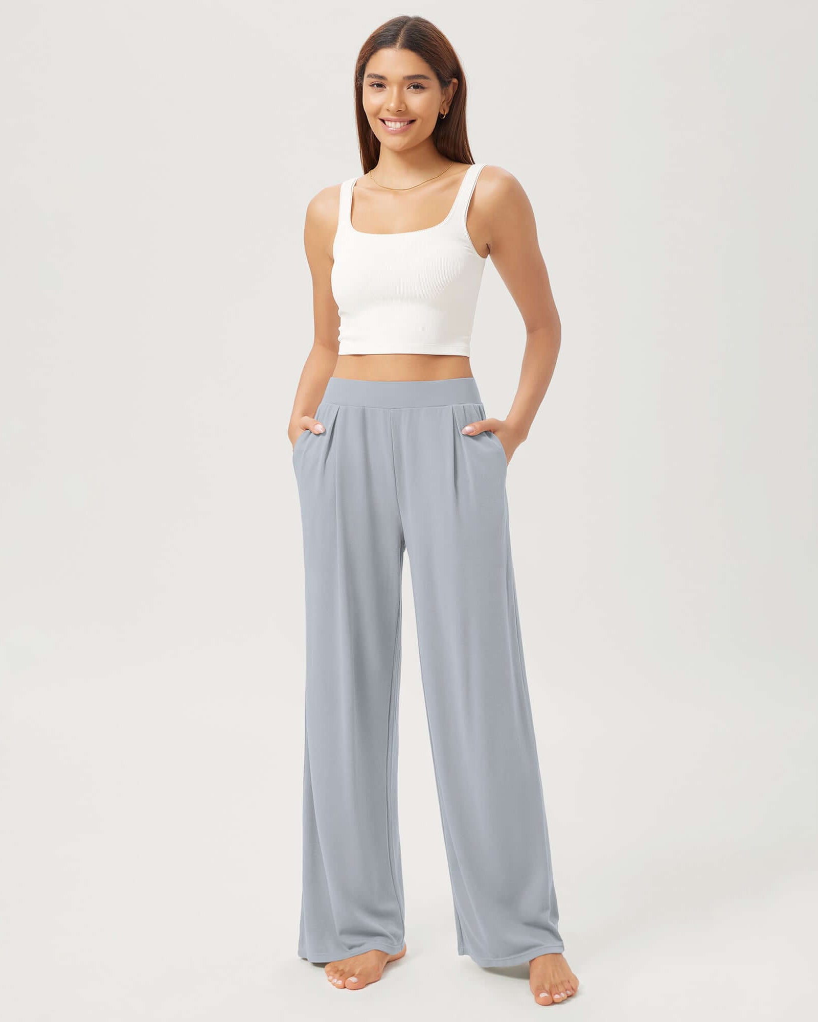 29 Drapey Soft WideHigh Waist Lounge Pants with Pockets Light Gray Blue - ododos