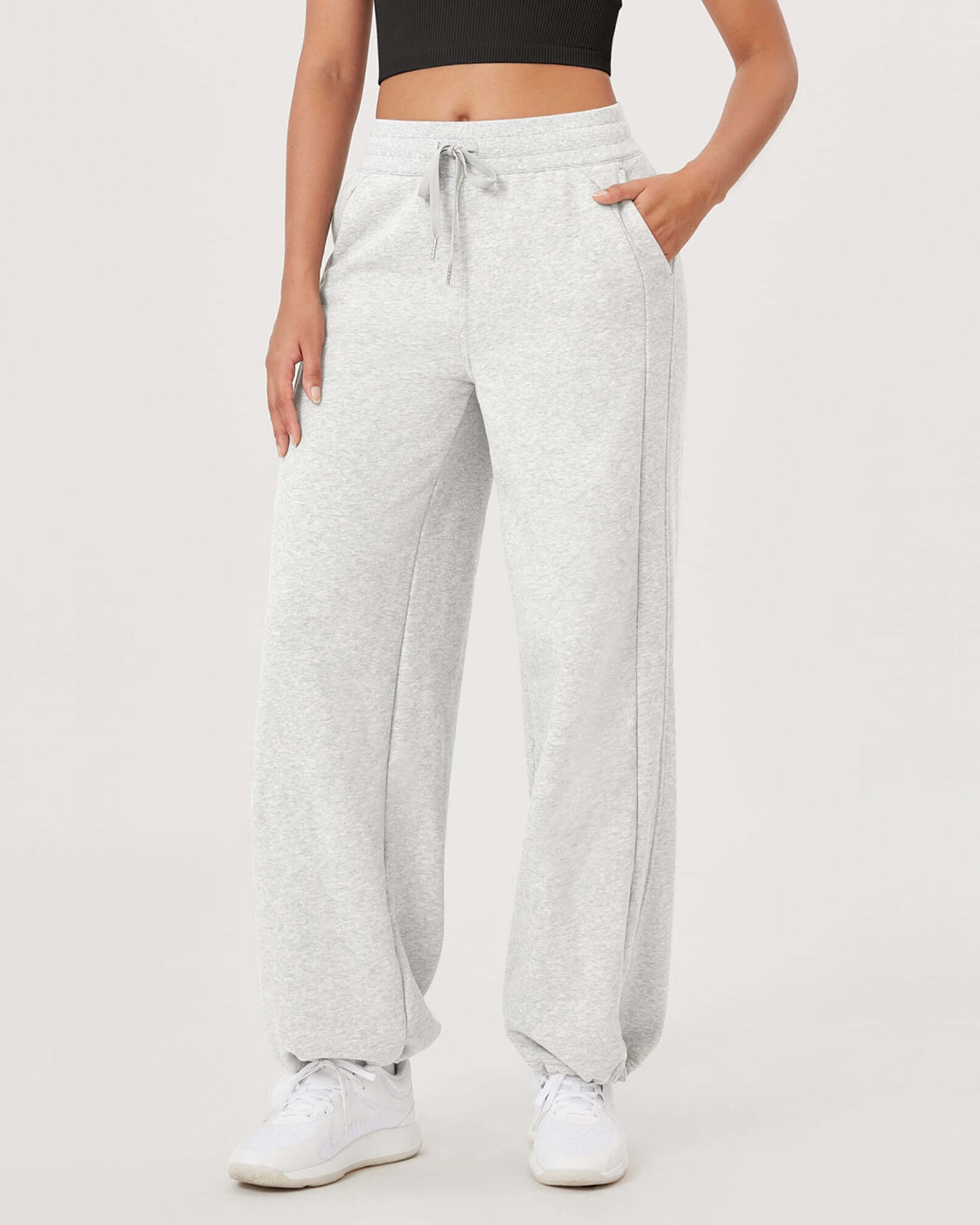 Fleece Lined Mid-Rise Relaxed Pull-On Jogger Pant with Pockets Heather White - ododos