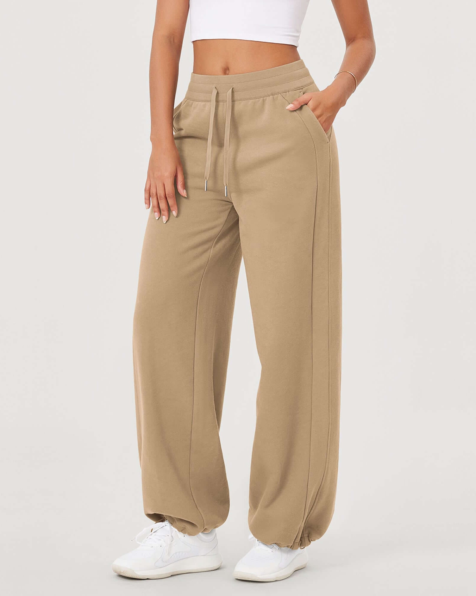Fleece Lined Mid-Rise Relaxed Pull-On Jogger Pant with Pockets Khaki - ododos