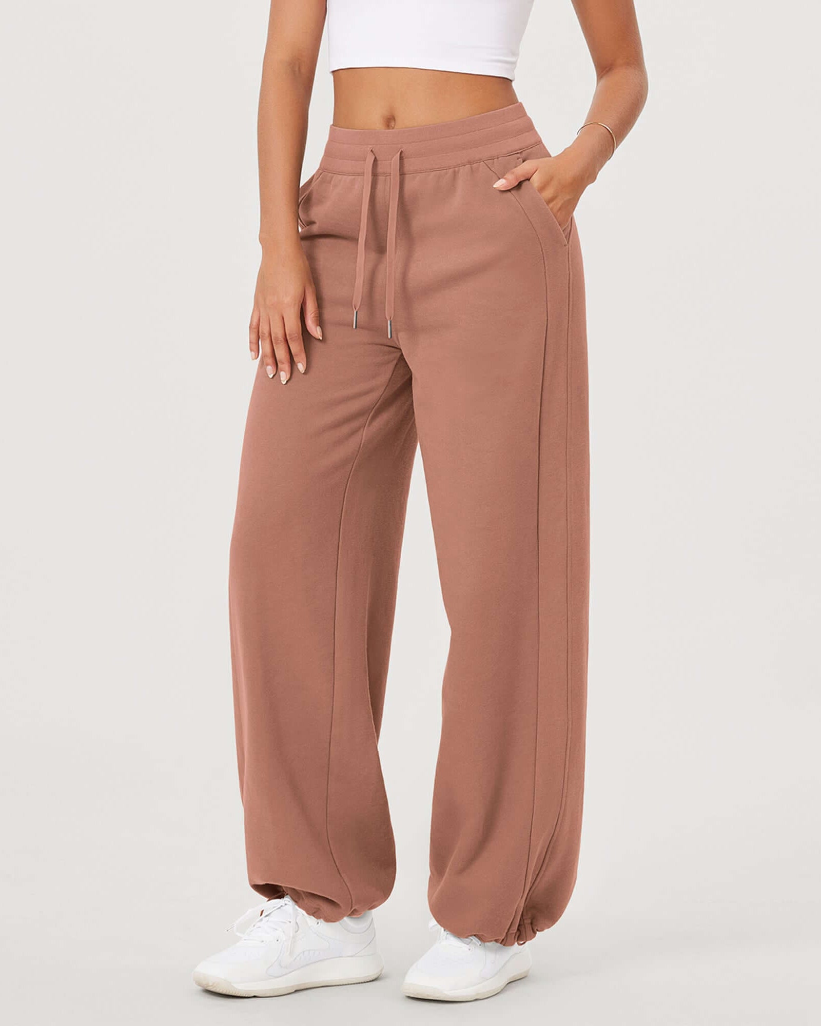 Fleece Lined Mid-Rise Relaxed Pull-On Jogger Pant with Pockets Muted Clay - ododos