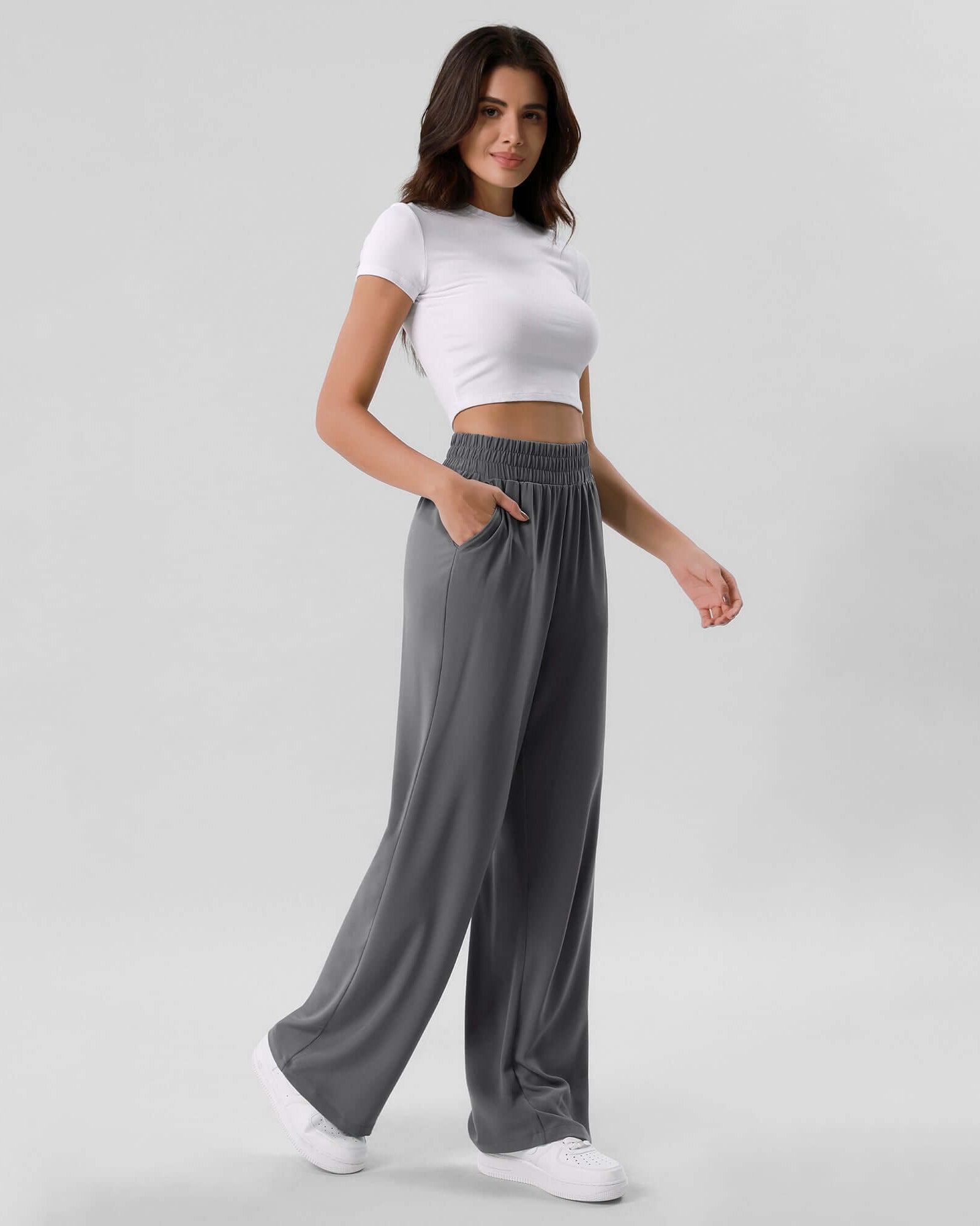 Chiffon Flowy Wide Leg Pants Charcoal - ododos