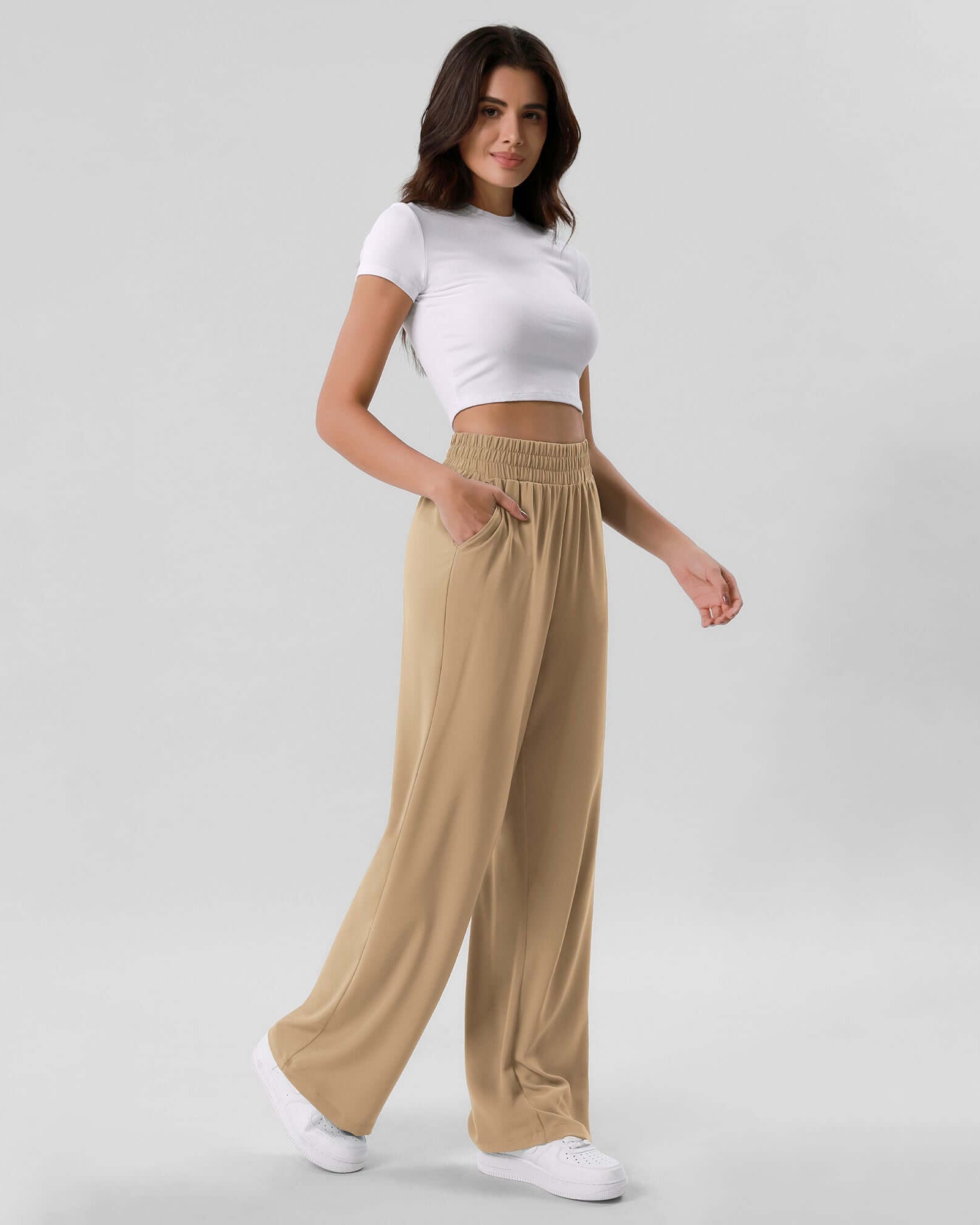 Chiffon Flowy Wide Leg Pants Khaki - ododos