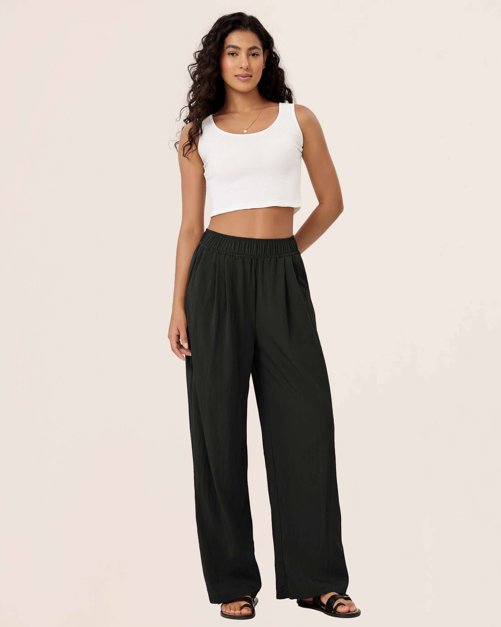 Wide Leg Crinkle Comfy High Waist Lounge Pants with Pockets - ododos