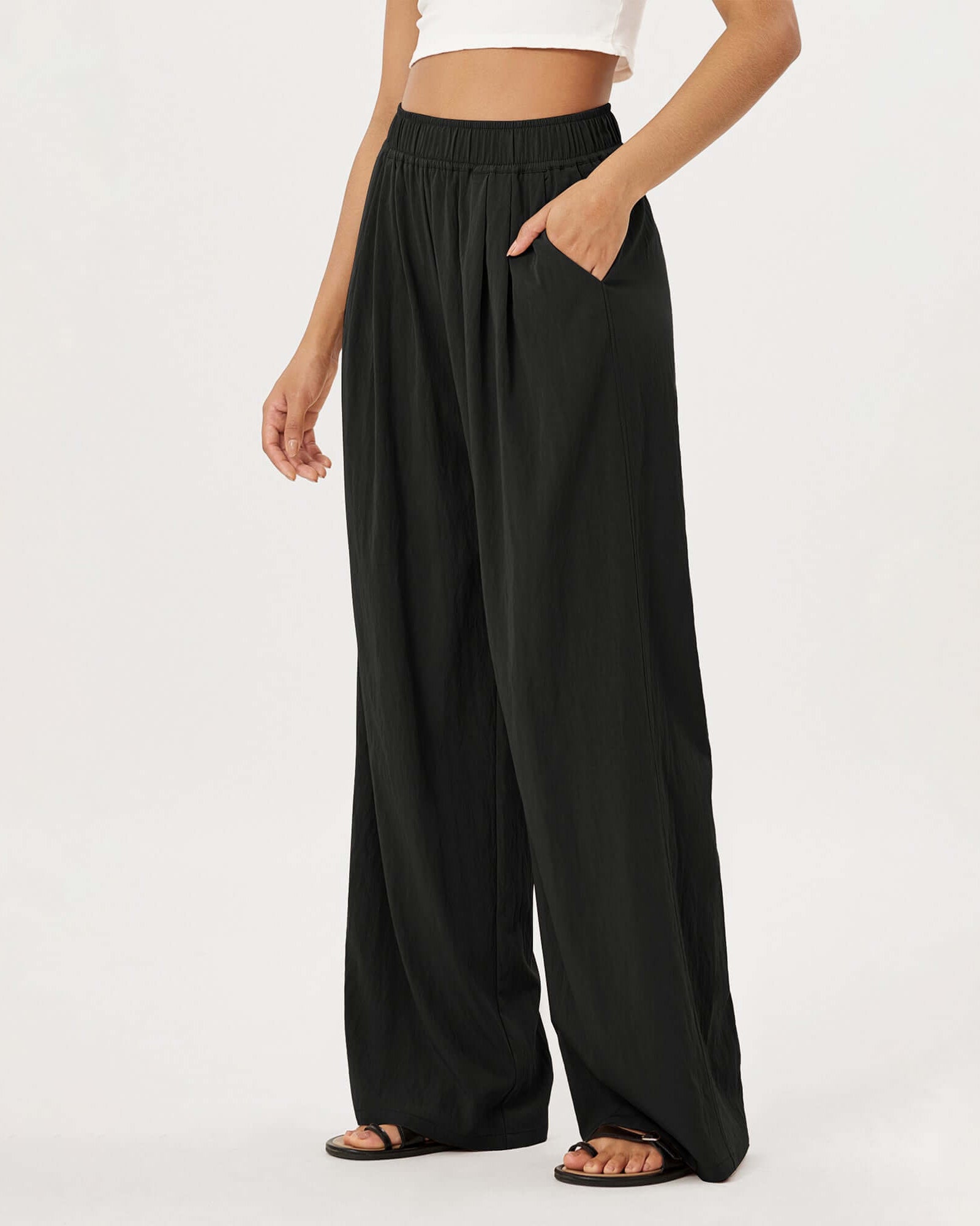 Wide Leg Crinkle Comfy High Waist Lounge Pants with Pockets - ododos