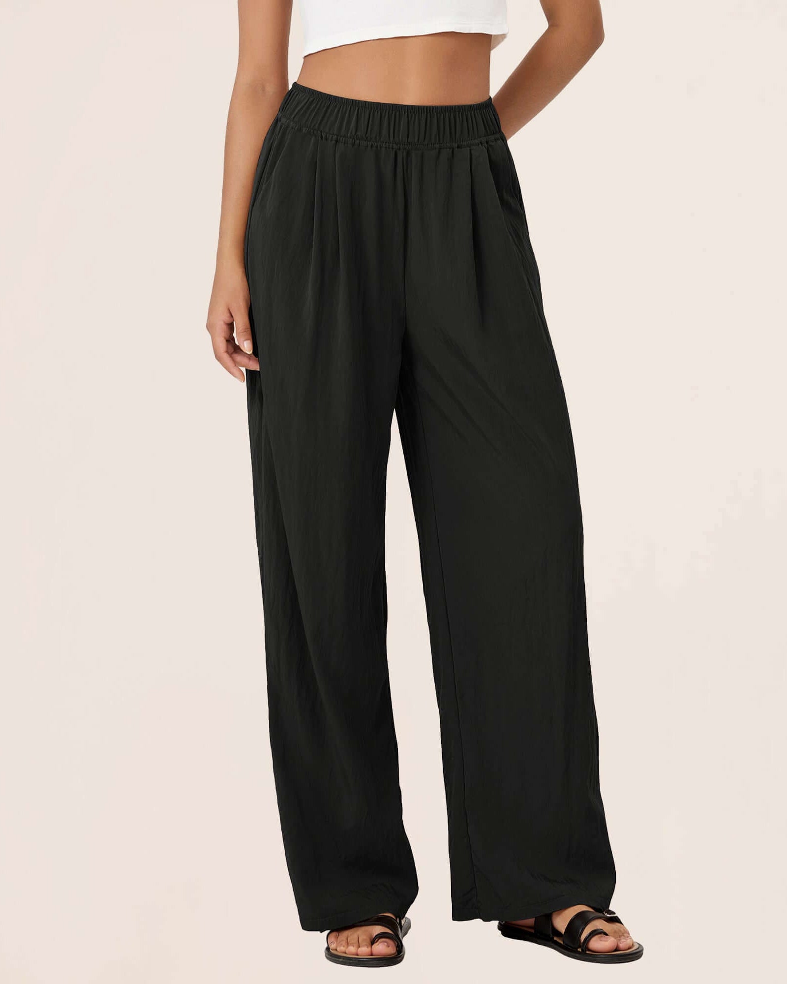 Wide Leg Crinkle Comfy High Waist Lounge Pants with Pockets Black - ododos