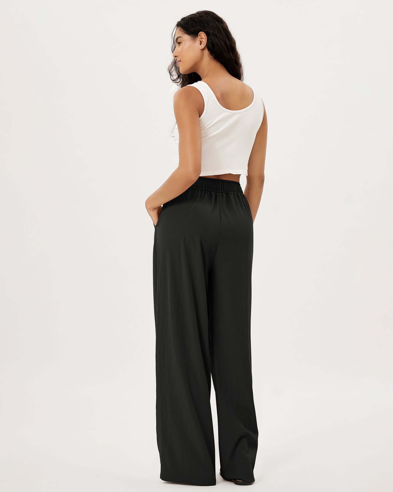 Wide Leg Crinkle Comfy High Waist Lounge Pants with Pockets - ododos