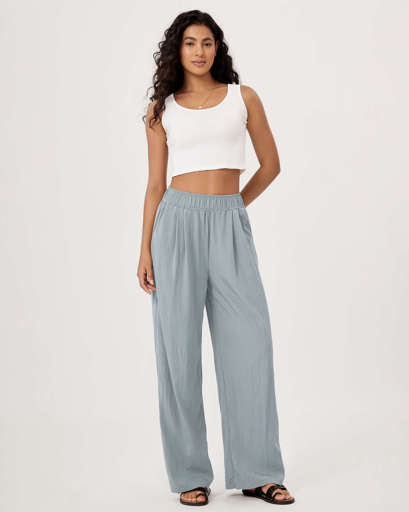 Wide Leg Crinkle Comfy High Waist Lounge Pants with Pockets - ododos