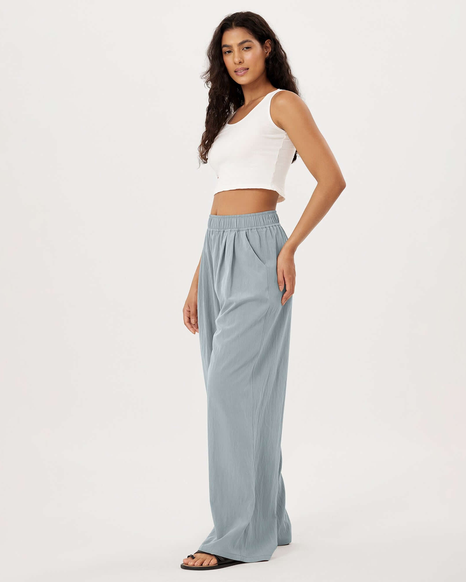 Wide Leg Crinkle Comfy High Waist Lounge Pants with Pockets - ododos