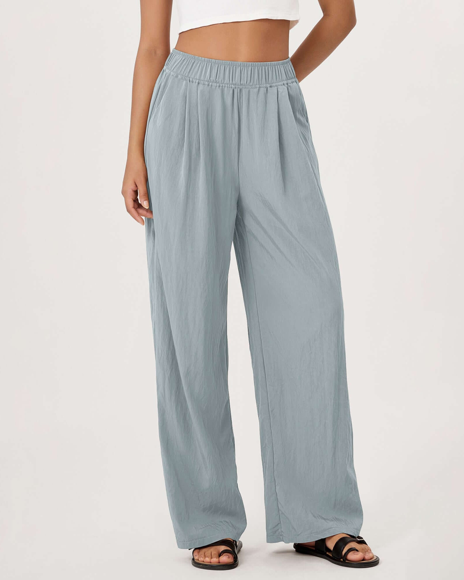 Wide Leg Crinkle Comfy High Waist Lounge Pants with Pockets Blue Gray - ododos