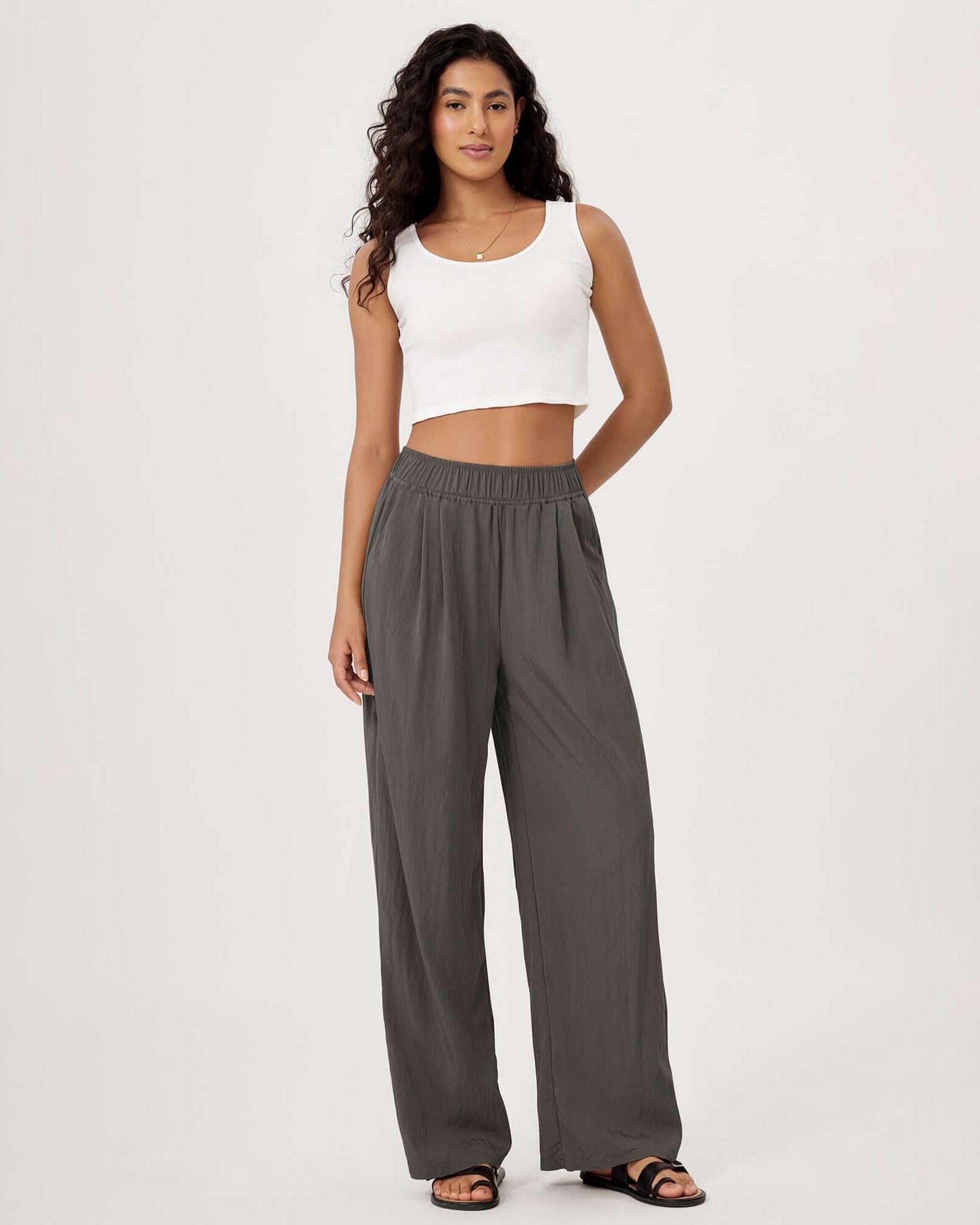Wide Leg Crinkle Comfy High Waist Lounge Pants with Pockets - ododos