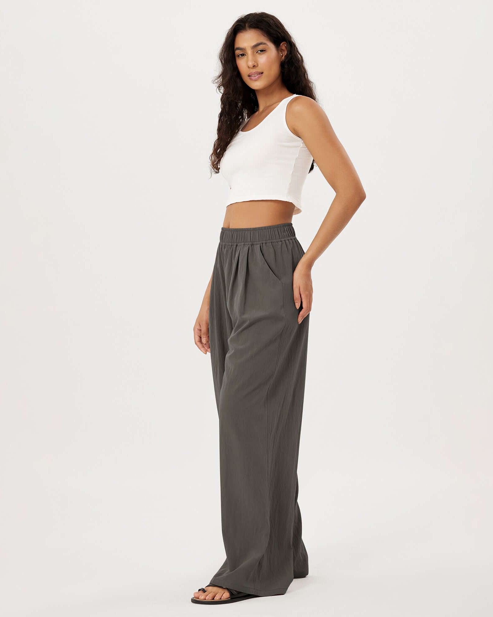 Wide Leg Crinkle Comfy High Waist Lounge Pants with Pockets - ododos