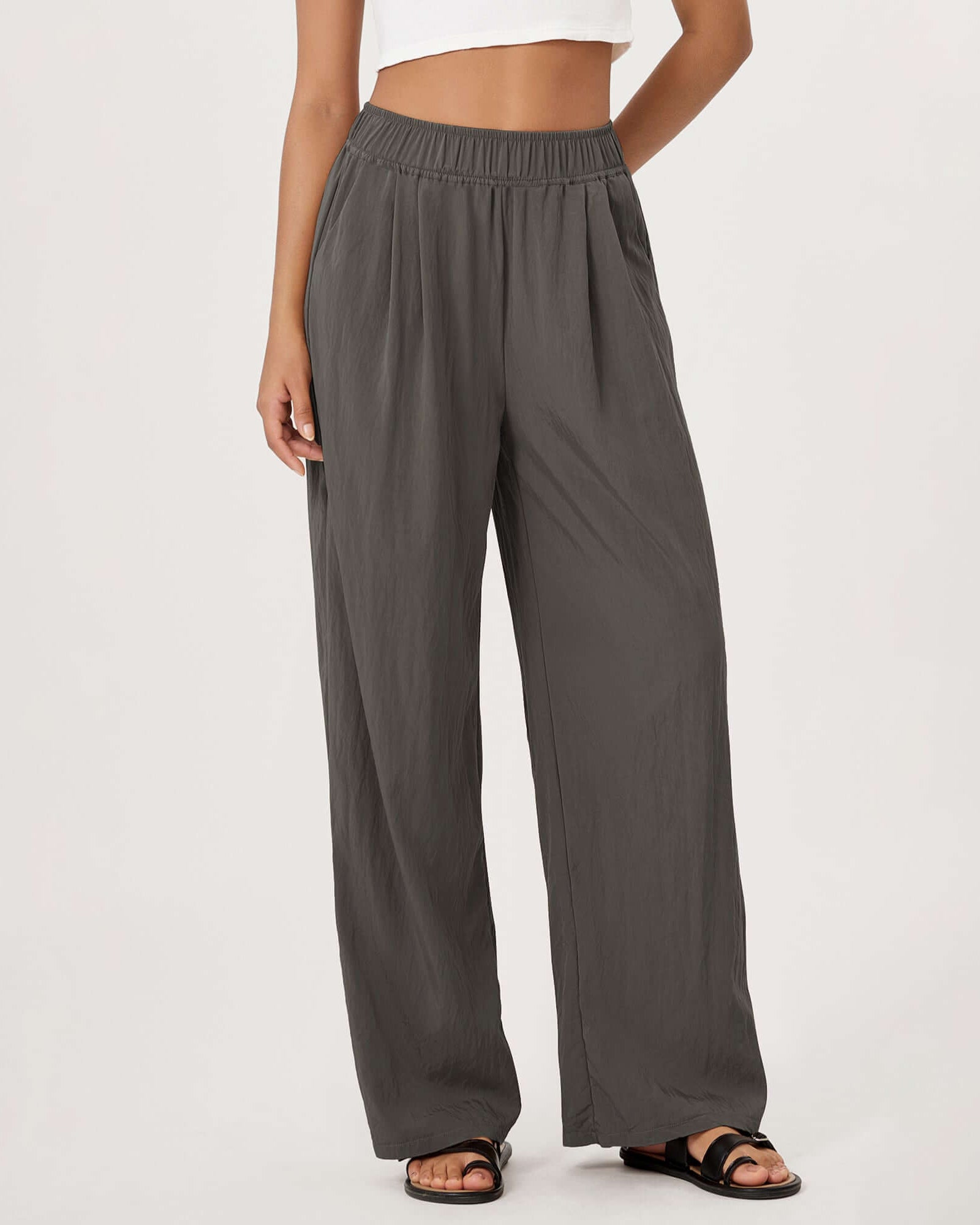 Wide Leg Crinkle Comfy High Waist Lounge Pants with Pockets Charcoal - ododos